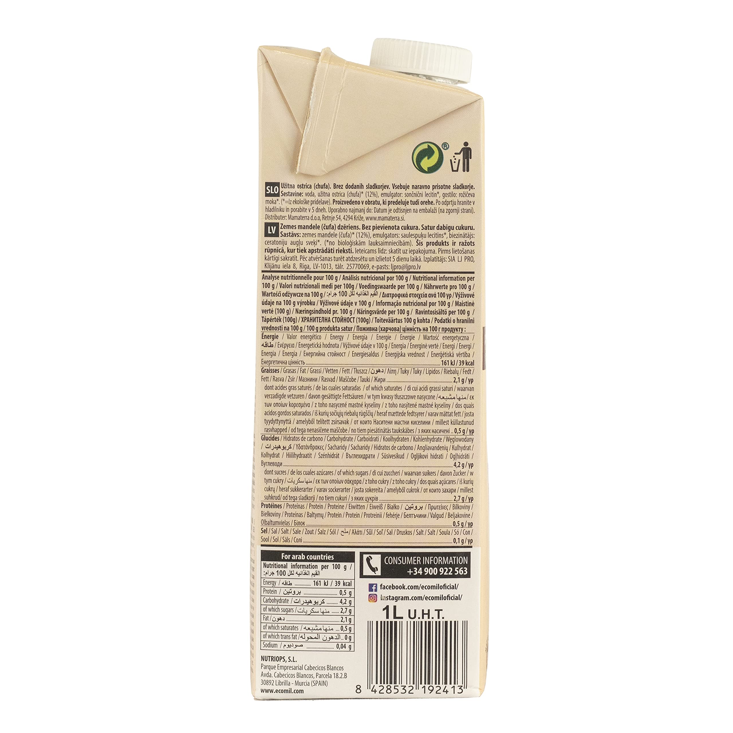 Ecomil - Bebida Vegetal de Chufa BIO, Sin Azúcares Añadidos, Vegano, Sin Lactosa, Sin Gluten - Pack 6 unidades de 1L