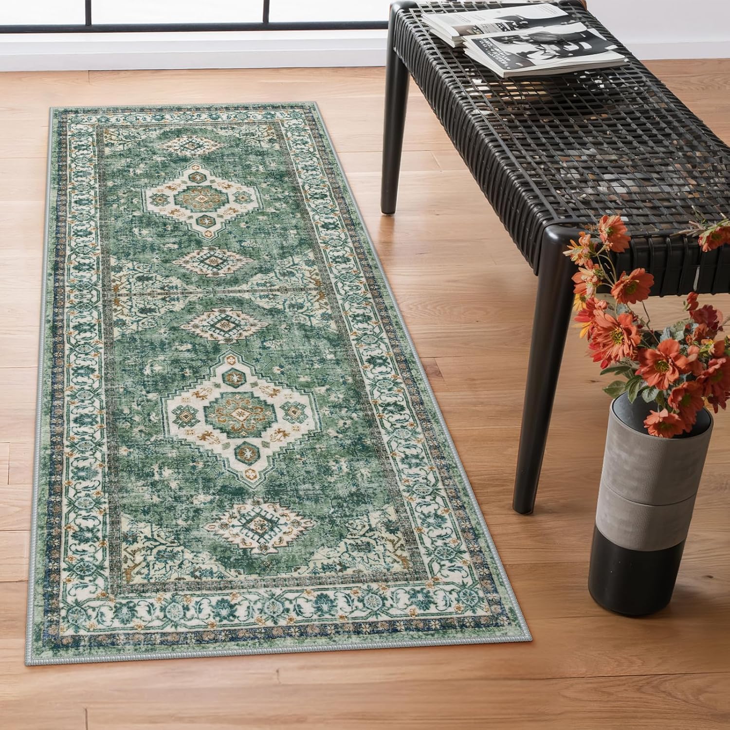 Green Floral 2' x 6' Washable Non-Slip Runner Rug