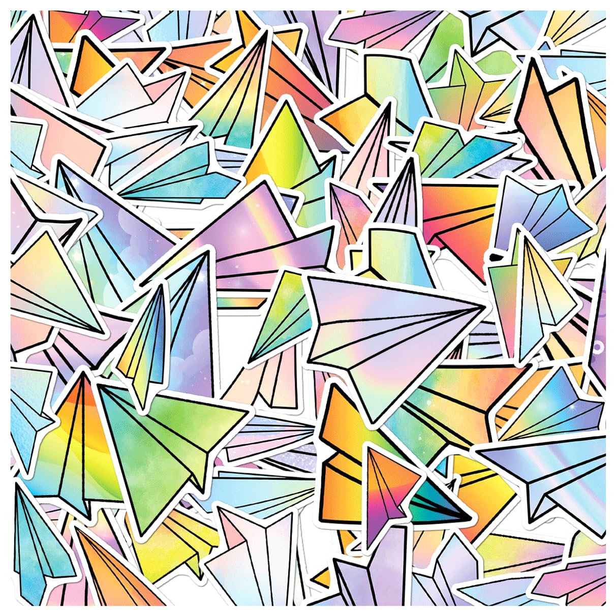 Paquete de 50 calcomanías de vinilo con patrón de avión de papel holográfico colorido para portátiles, botellas de agua, monopatines, cuadernos, niños, adolescentes, estudiantes, coleccionistas, 50