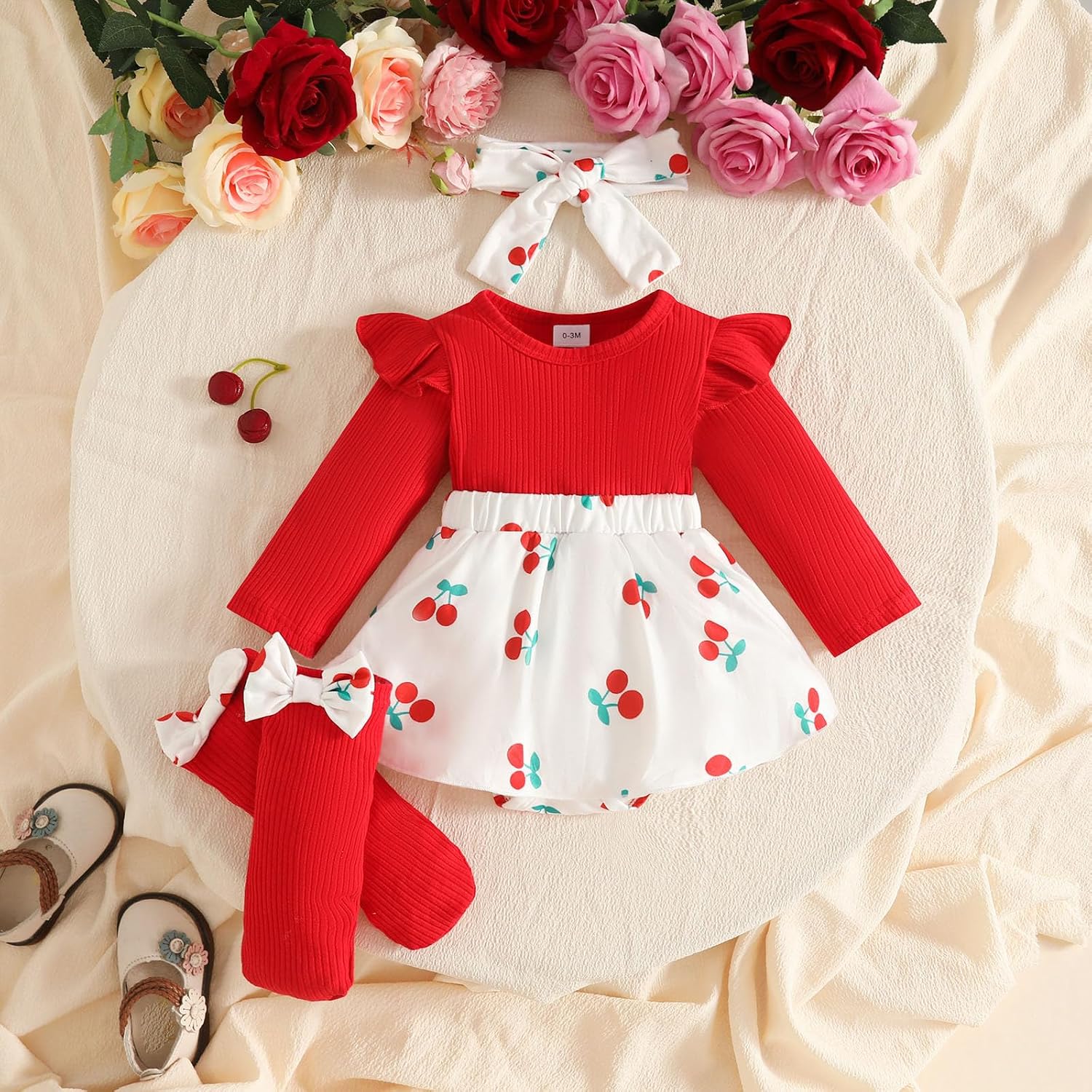 3 Piece Newborn Baby Girls Set Ruffle Flutter Long Sleeve Ribbed Romper Overalls with Bow Headband Knee High Socks