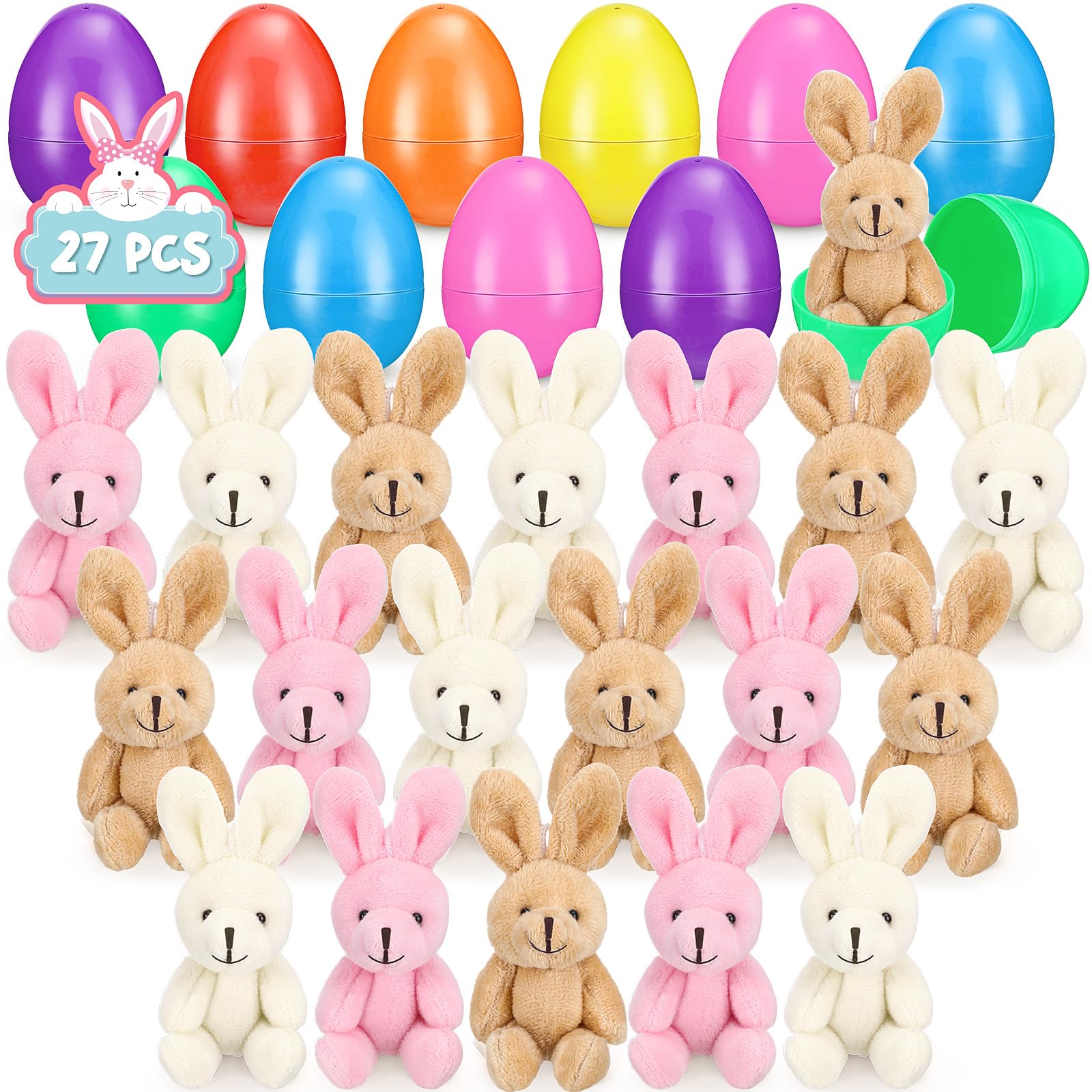 Halloscume 27 Set Filled Easter Eggs with Plush Bunny 4.33 Inch Colorful Bunnies Plush Plastic Easter Eggs Prefilled with Stuffed Animals for Kids Toddler Egg Hunt Easter Basket Stuffer Party Favors