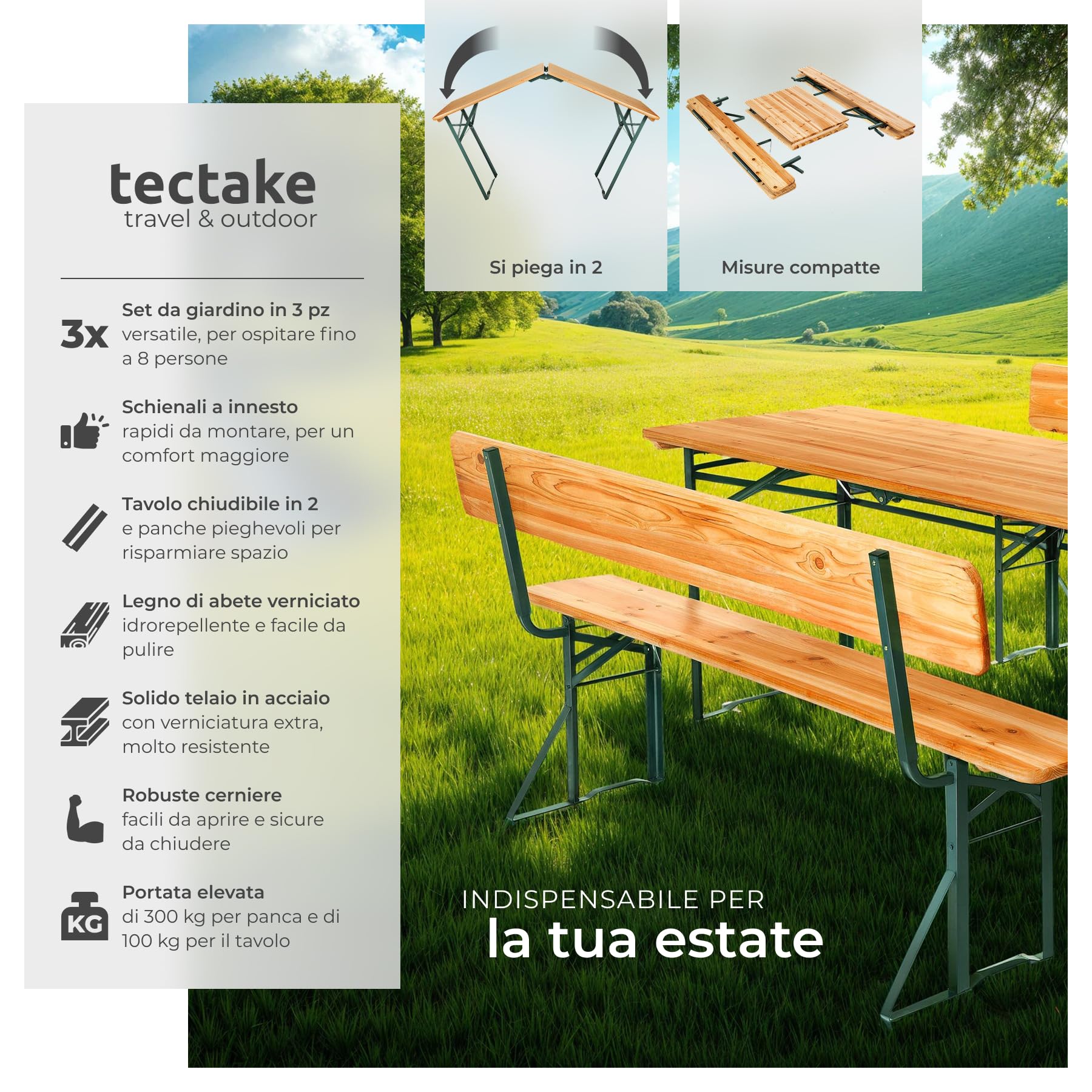 Tectake Set 3 Pezzi da Birreria, Tavolo e Panche da Esterno con Schienale, Acciaio, Tavolo 170x69x76 cm