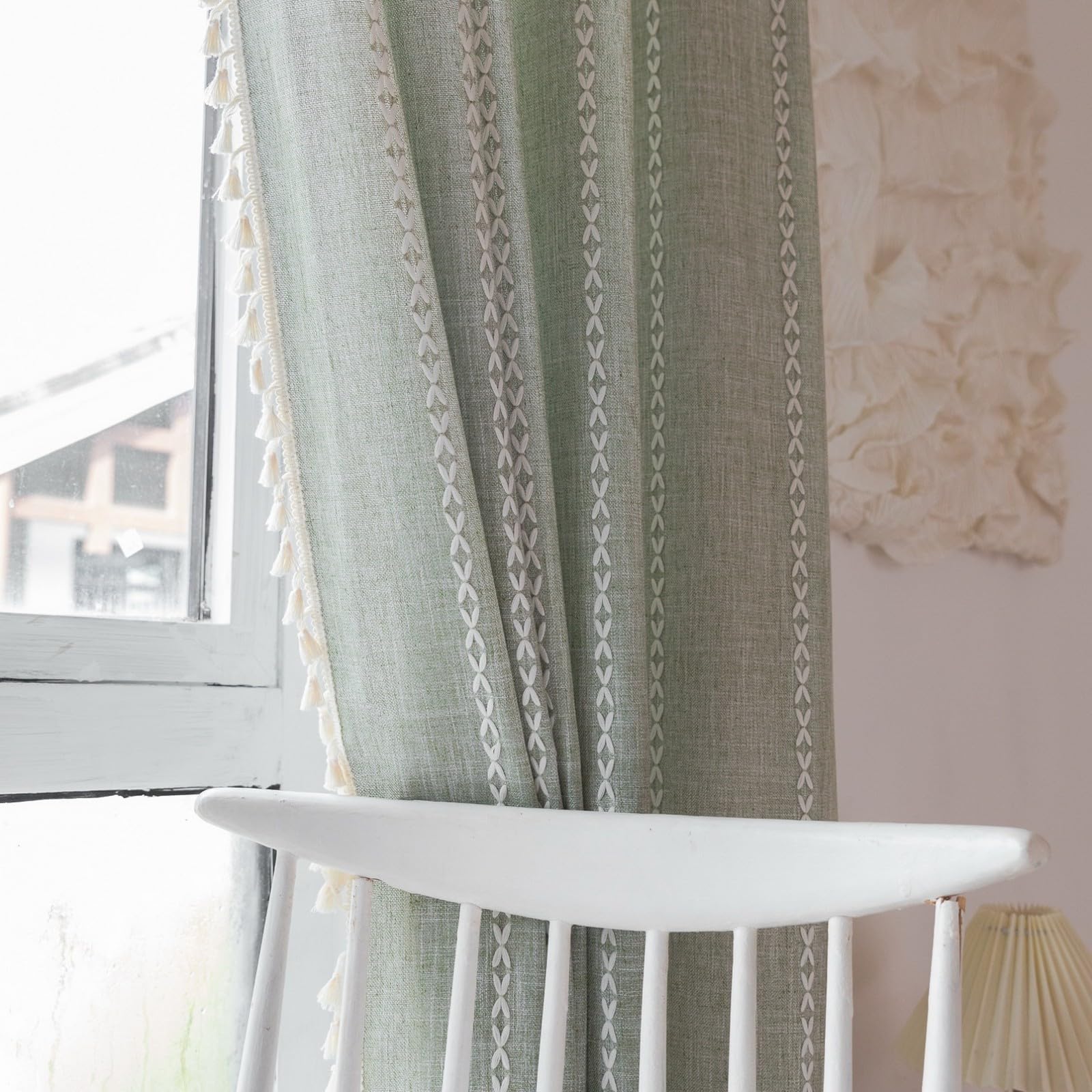 A.Monamour Tenda Interni Traslucido Semi Oscurante Boho Decorativo con Nappe a Righe Effetto Lino Tessuto Spesso Tende a Pannello Porta Finestra per Camera da Letto Soggiorno Cucina, 1 Pezzo, verde