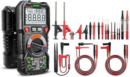 KAIWEETS Multímetro digital TRMS 6000 cuentas ohmímetro y 23 piezas de cables de prueba de silicona suave kit para multímetro con pinzas de