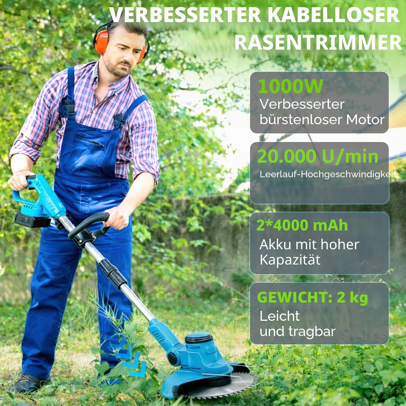 TOPALL Rasentrimmer mit Akku,Freischneider Akku mit 2X4.0Ah,Upgrade Rasentrimmer mit Bürstenloser Motor (1000W 20000U/min),5 Klingentypen Bürstenlose und Unkrautbürste für Gärten,Rasenflächen,Büsche