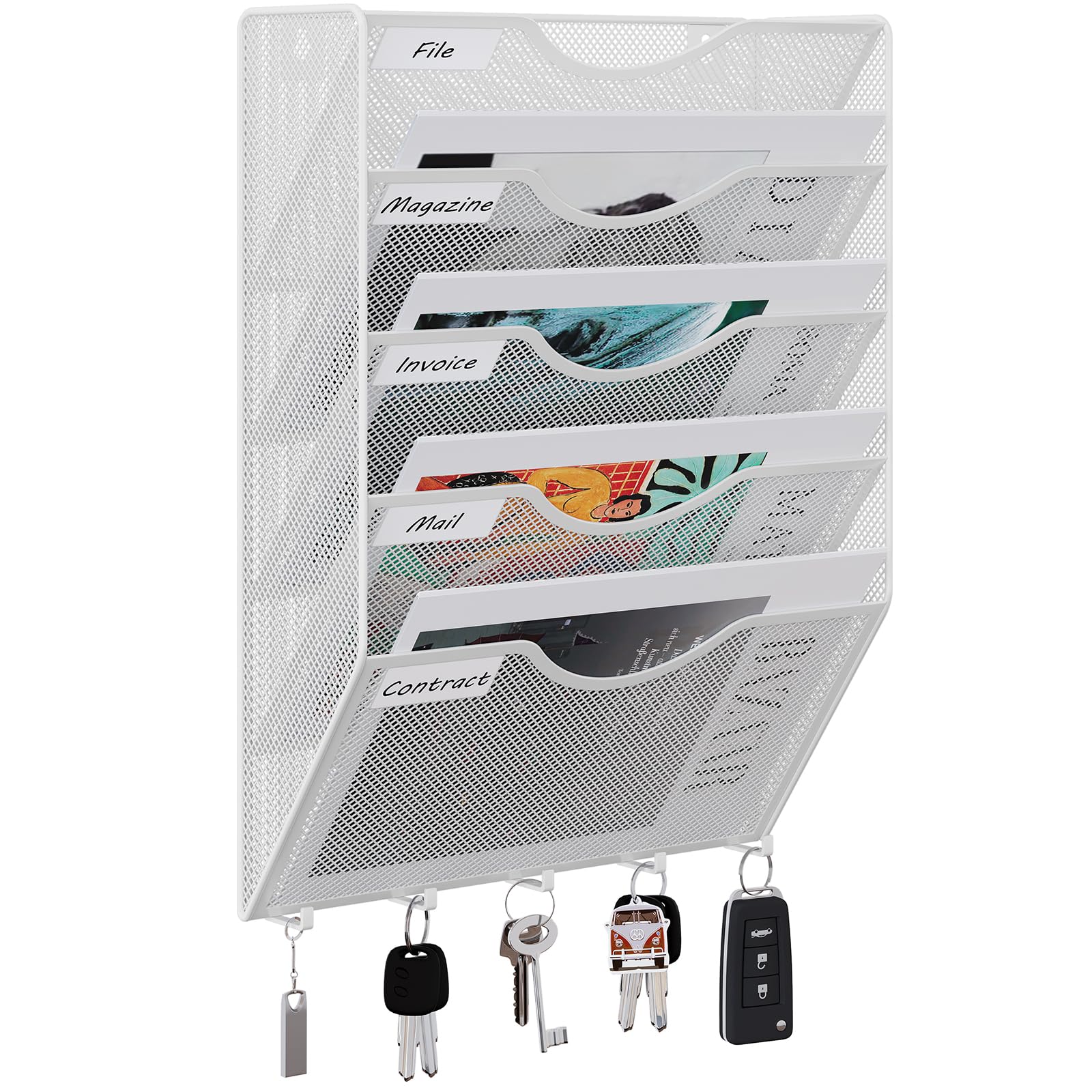 EasyPAG Metal 5 Tier A4 Wall Mounted Document Holder,Hanging Wall File Organiser,Pigeon Holes Storage,Filing Tray,Wall Pocket,Magazine Rack with 5 Hooks for Office & Home,White