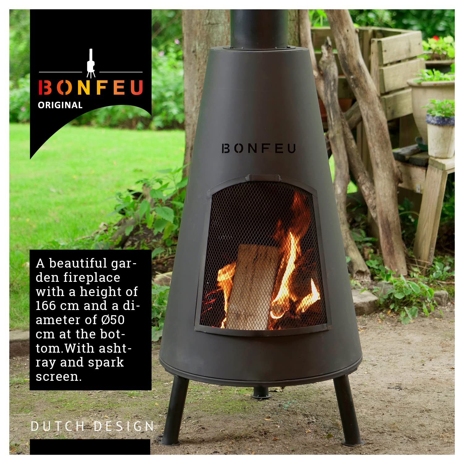 BonFeu BonPyra Negro - Brasero Exterior - Acero - Jardineria - Brasero - Jardin - Estufa Exterior - Chimeneas Exterior Chimenea de Jardín Multifuncional - 50x50x166 cm