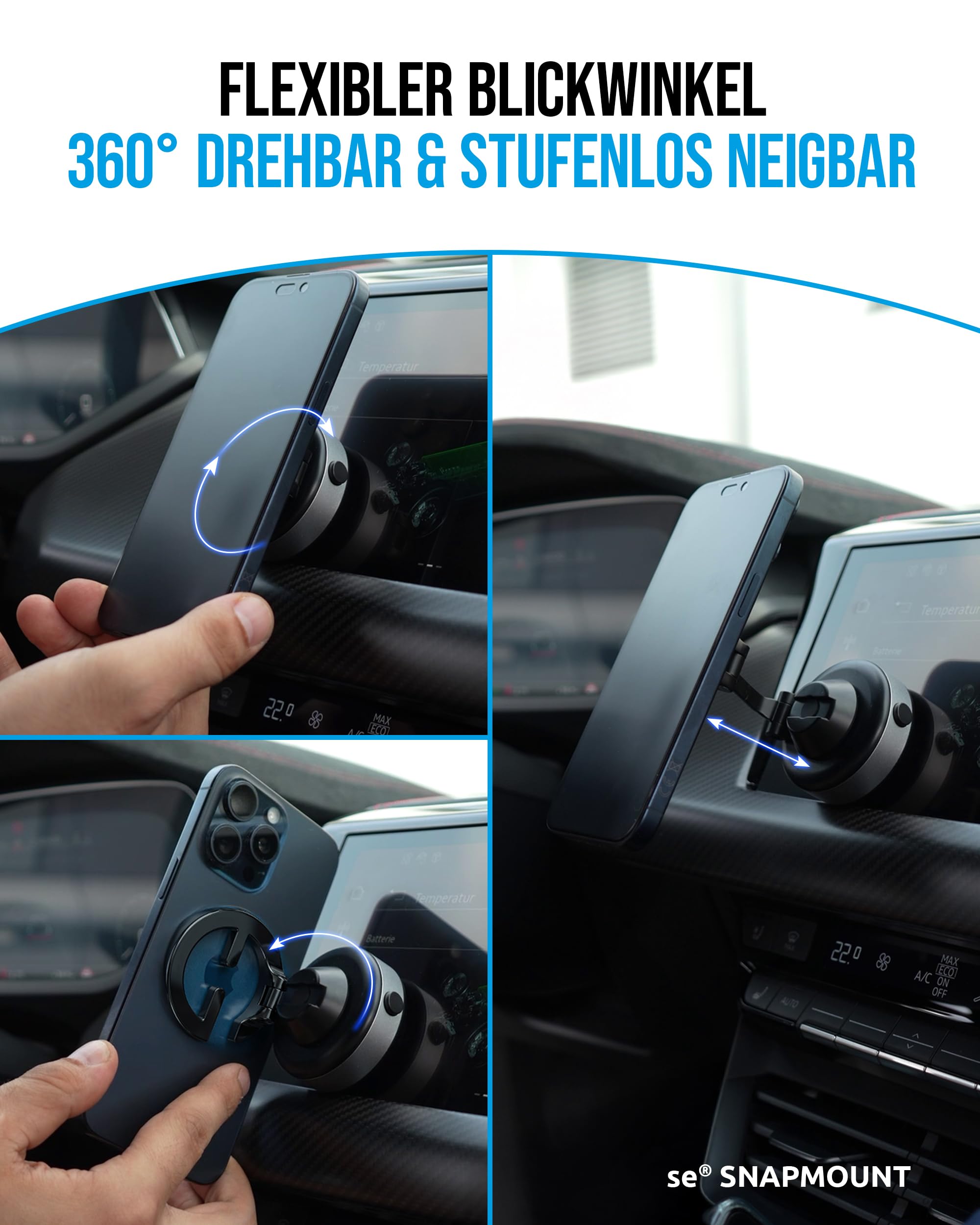 se® SNAP-POWER-BUNDLE – Handyhalterung mit Ladefunktion: SNAPMOUNT Vakuum-Halterung + SNAPCHARGE 15W Magnetisches Ladepad, kompatibel mit MagSafe, für Auto & Zuhause, USB-C, Metallring inklusive