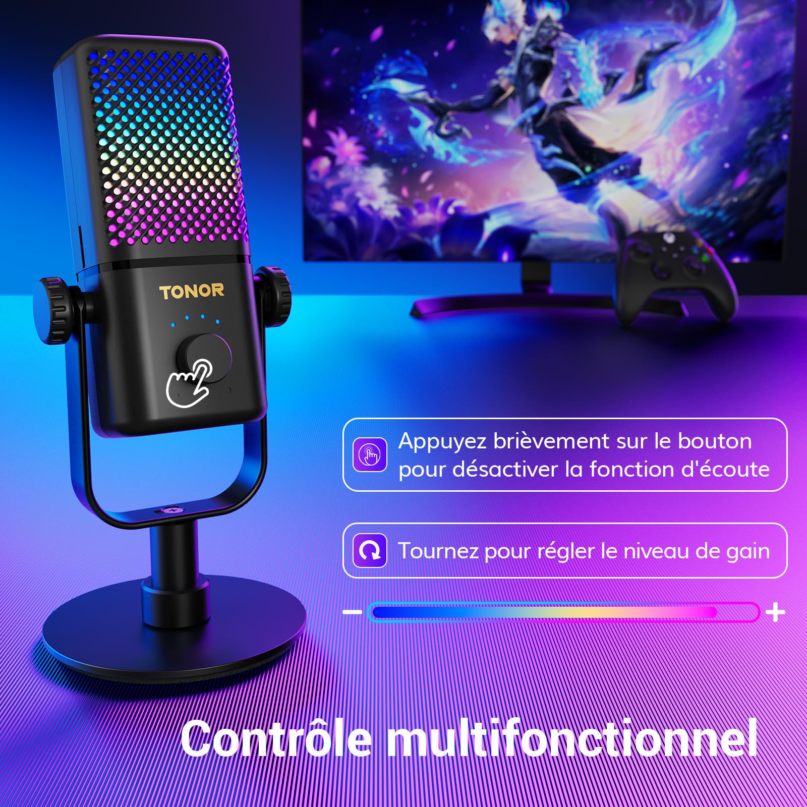 Microfon de gaming Tonor cu RGB, control mute/gain, 30 ore autonomie, compatibil cu Xbox, Tcx3