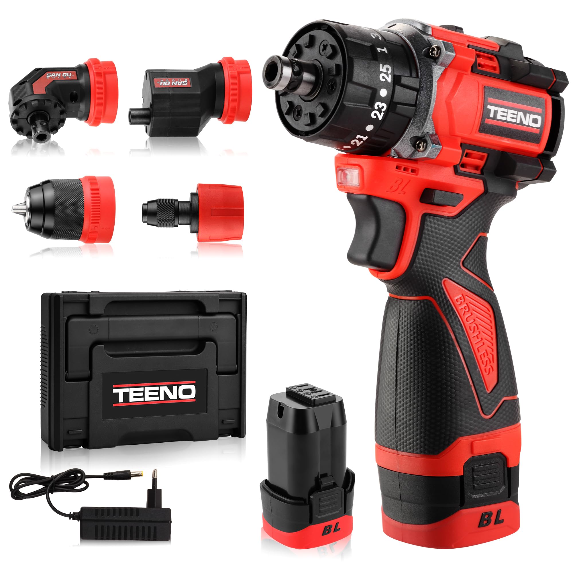 TEENO Atornillador a Batería 18V Sin Escobillas Profesional, 25+3 Velocidades, Kit de Taladro Inalámbrico, 45 Nm, 2 Velocidades, con 4 Cabezales Multifunción