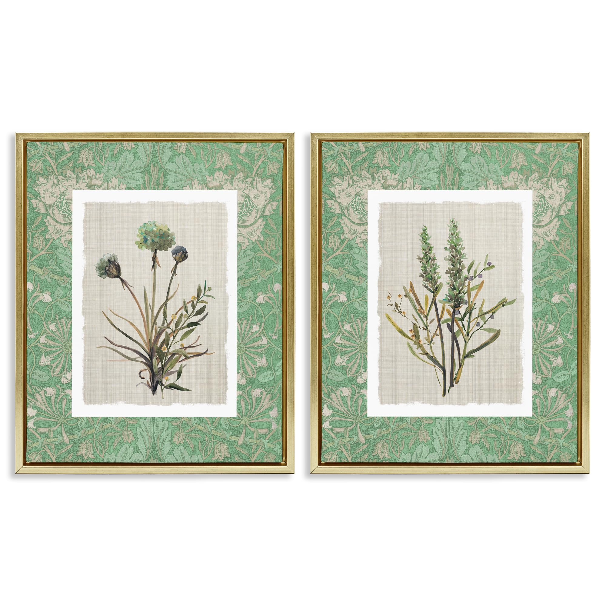 Stupell Industries 'Green Tone Herbal Blooms', 2pc Floating Frame Art Set 2, Gold, 25 x 31 Inches, Easy to Hang and Sturdy, Made in USA, by Carol Robinson