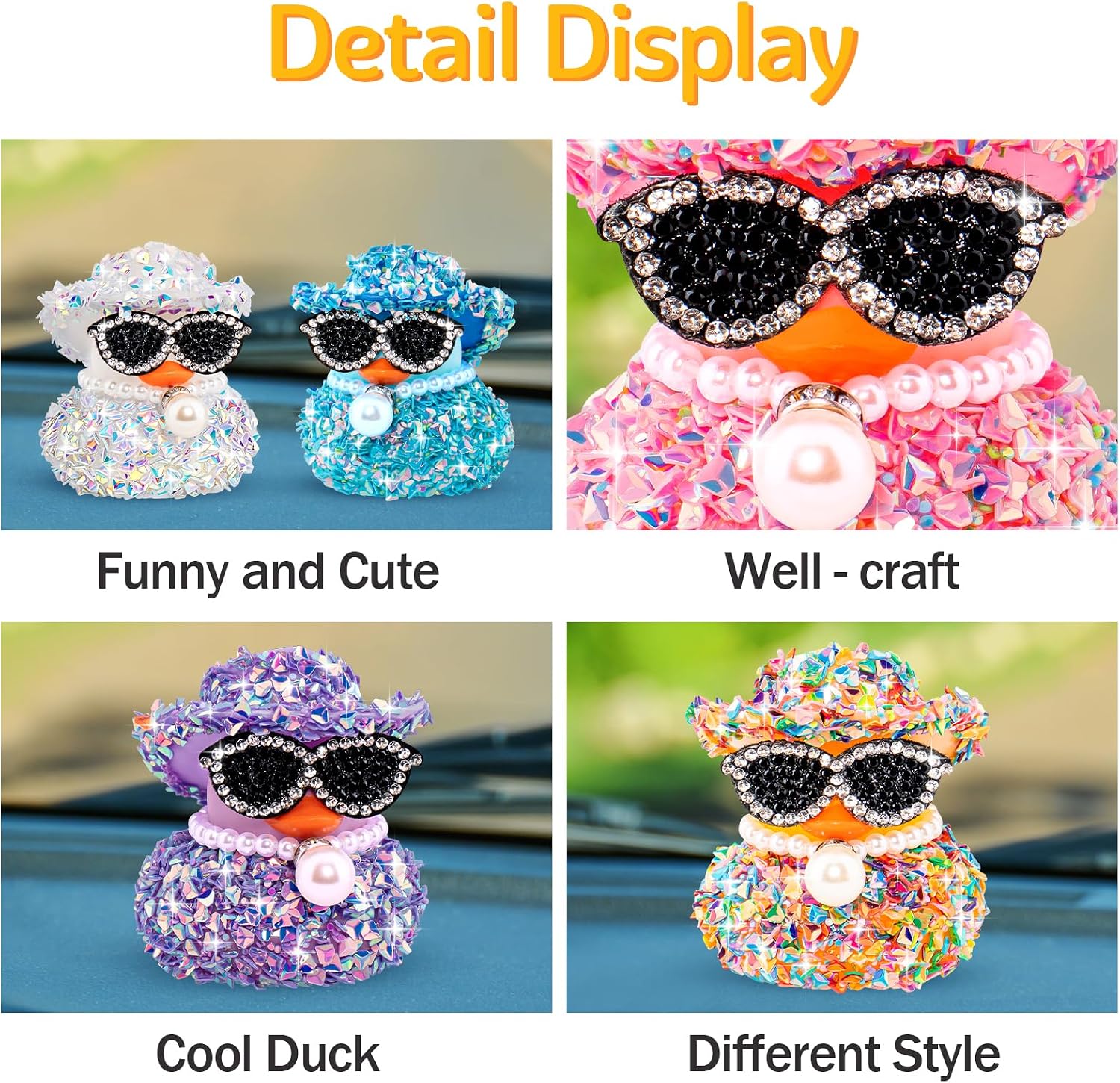 wonuu Bling Holographic Iridescent Glitter Rubber Ducks, Car Dashboard Interior Accessories Decorations, Mini Sparkly Rhinestone Duck with Cowboy Hat, Sunglasses, Pearl Necklace (Blue) | Rubber material