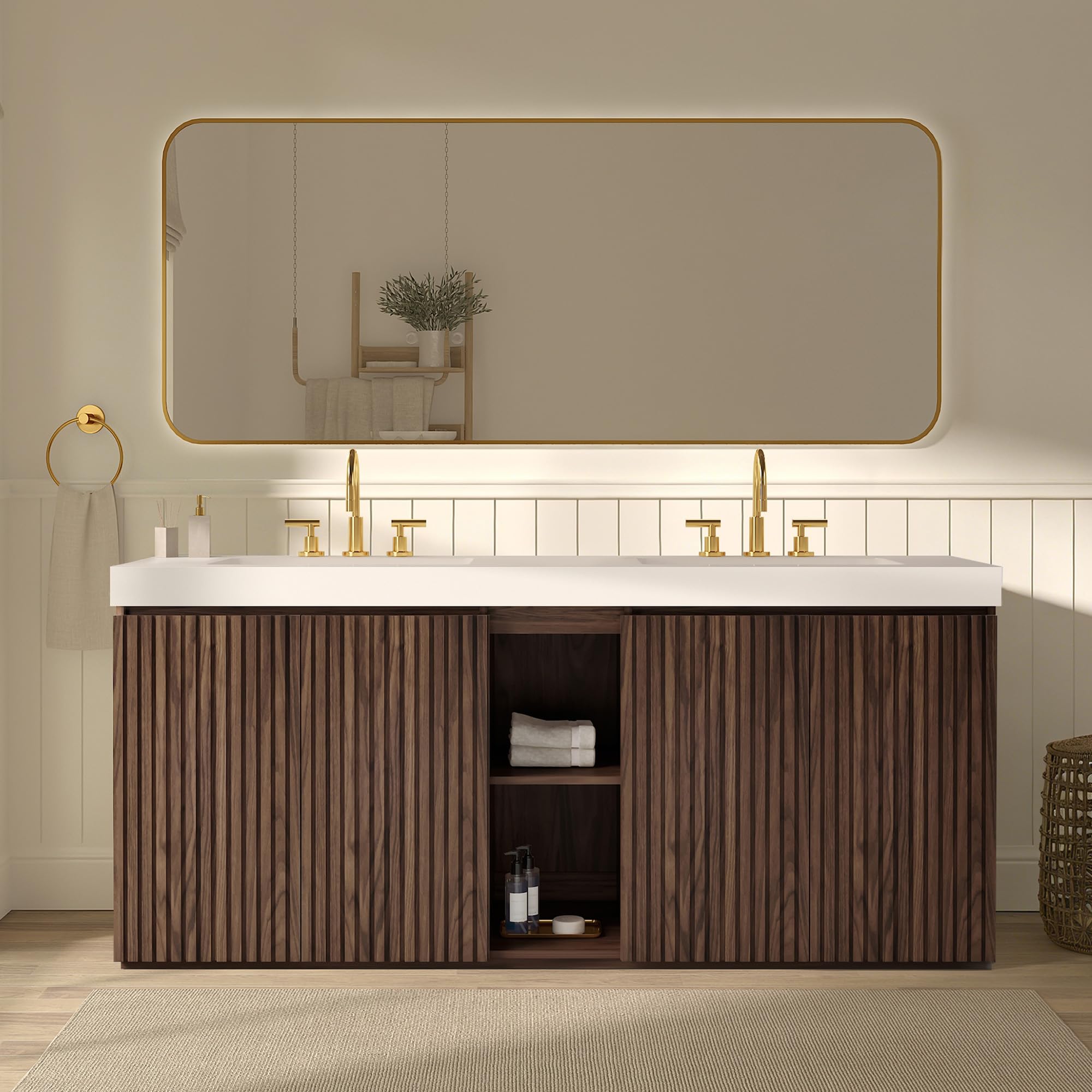 CITTANEO 72' Walnut Fluted Double Sink Vanity