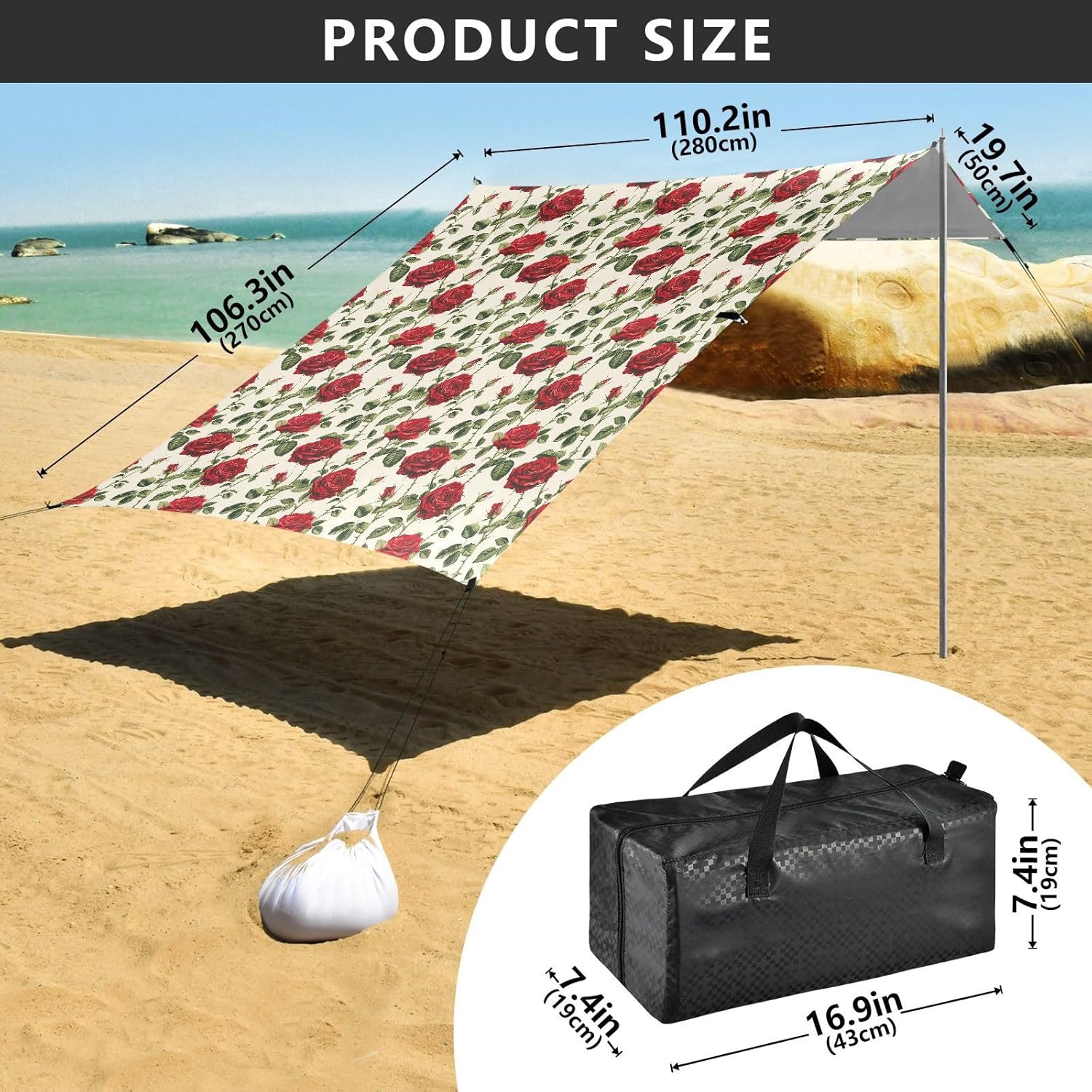 ALAZA Red Rose Flower Beach Tent Sun Shelter UPF50+ Protection Beach Shade Canopy w/ 4 Sandbags for Outdoor Camping, Fishing, Backyard Fun, Picnic, 10x9 ft