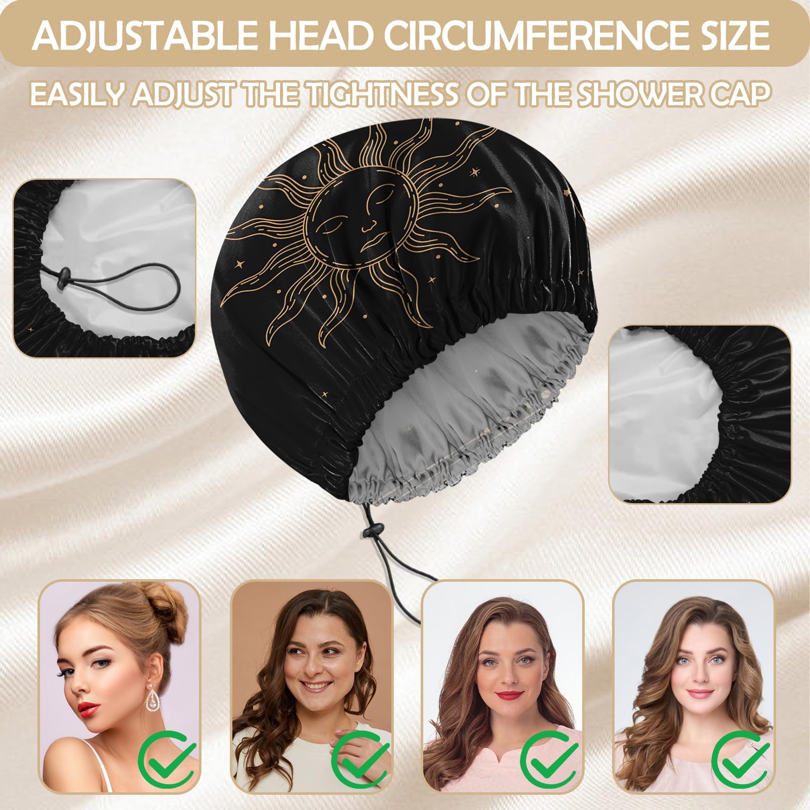 BHAHB 2 PCS Shower Cap Reusable Waterproof Double Layer Elastic Adjustable Hair Bath Caps Cute Aesthetic for Women Girls (V9-Sun Moon) - Image 4