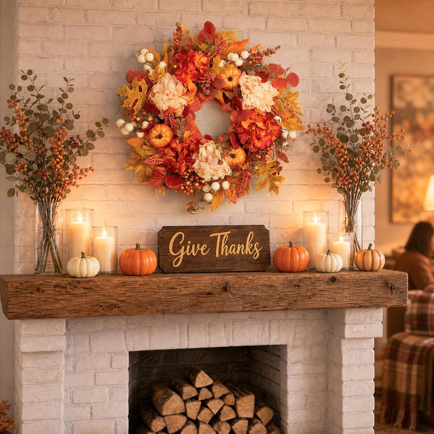 24 Inch Fall Wreath for Front Door, Artificial Autumn Leaves with Pumpkins