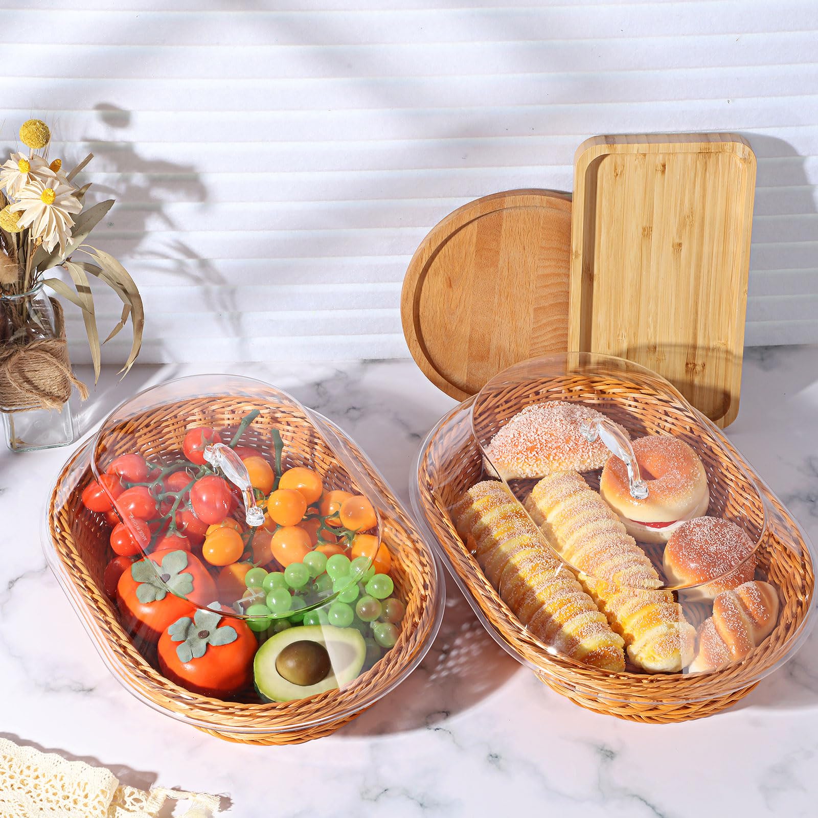 Hushee Juego de 2 cestas de pan de ratán de imitación con tapa, cestas de pan de mimbre para servir cesta de frutas tejida con cubierta, cestas ovaladas para alimentos para verduras, restaurantes