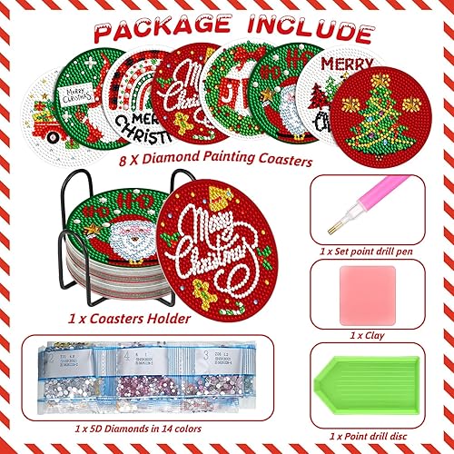 Miniatura 9 de 8 posavasos de arte de diamantes de Navidad, posavasos de pintura de diamantes de caramelo con soporte, kit de pintura de diamantes de Navidad,