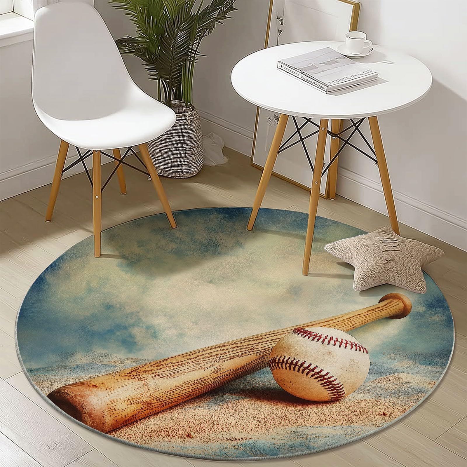 Tapis rond 120 cm pour chambre d'enfants motif baseball flanelle