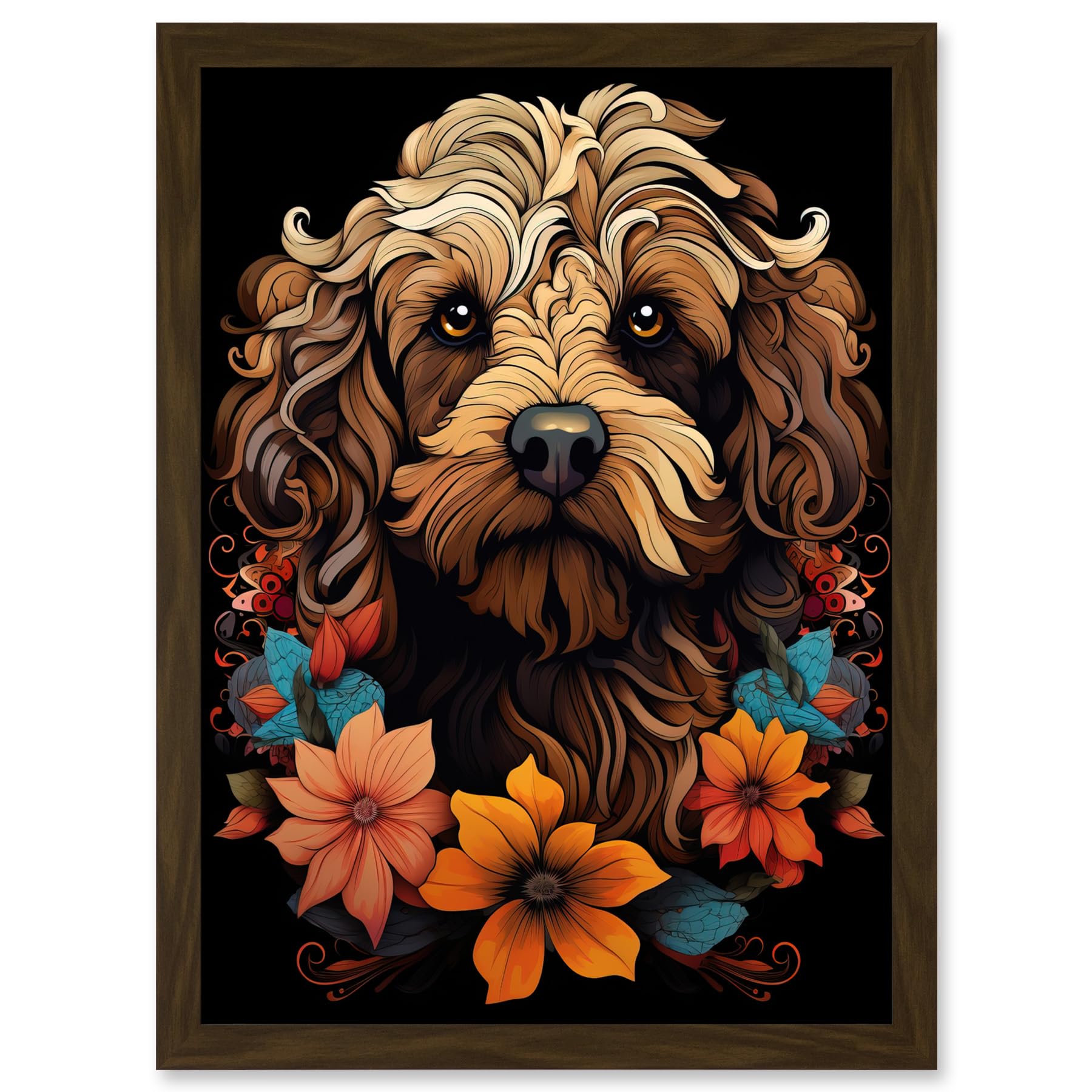 Artery8 Cockapoo Dog with Flowers Artwork Orange Brown Blue Floral Art Nouveau Portrait on Black Artwork Framed A3 Wall Art Print