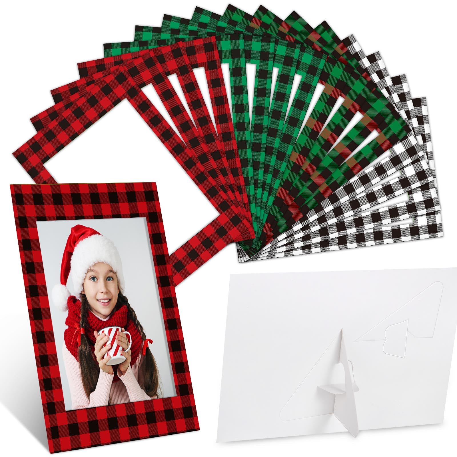 Leinuosen120 Pcs Christmas Picture Frame Ornaments 4x6 Paper Photo Frames Bulk Cardboard Frames with Stand DIY Red and Green Photo Crafts Frame for Hanging Ornament Decorations (Plaid Theme)