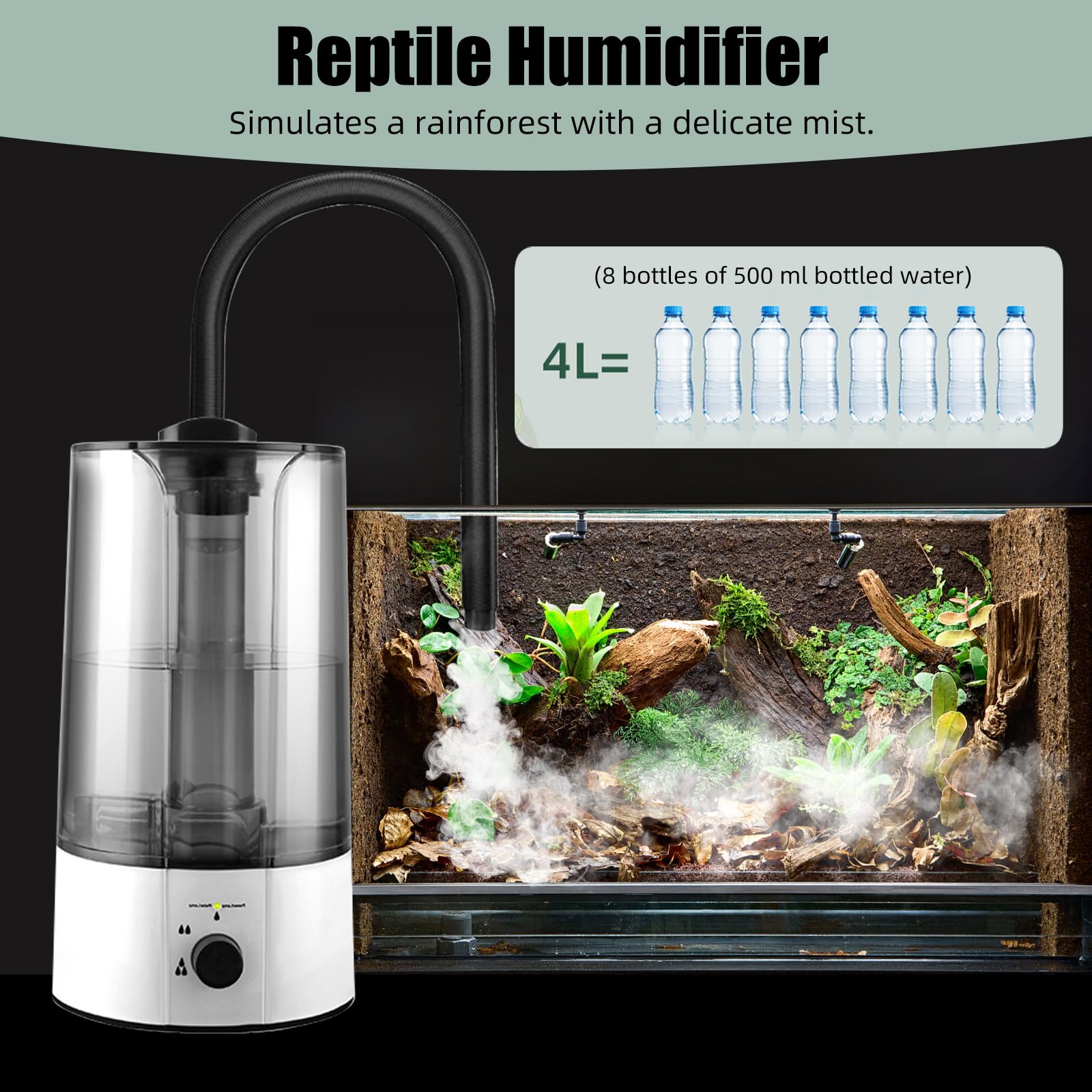 Reptilien Luftbefeuchter mit 4L Wassertank, Nebelgerät mit Ausziehbarem Rohr und Trockenlaufschutz, Ultraleiser Luftbefeuchter für Reptilien, Amphibien und Feuchtigkeitspflanzen