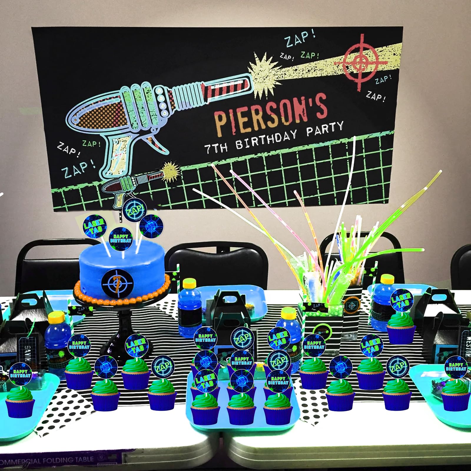 Fangleland 36 Blue Green Laser Tag Cupcake Toppers for Boys Birthday Party Decorations, Laser Theme Happy Birthday Dessert Table Cake Decors Picks Party Supplies