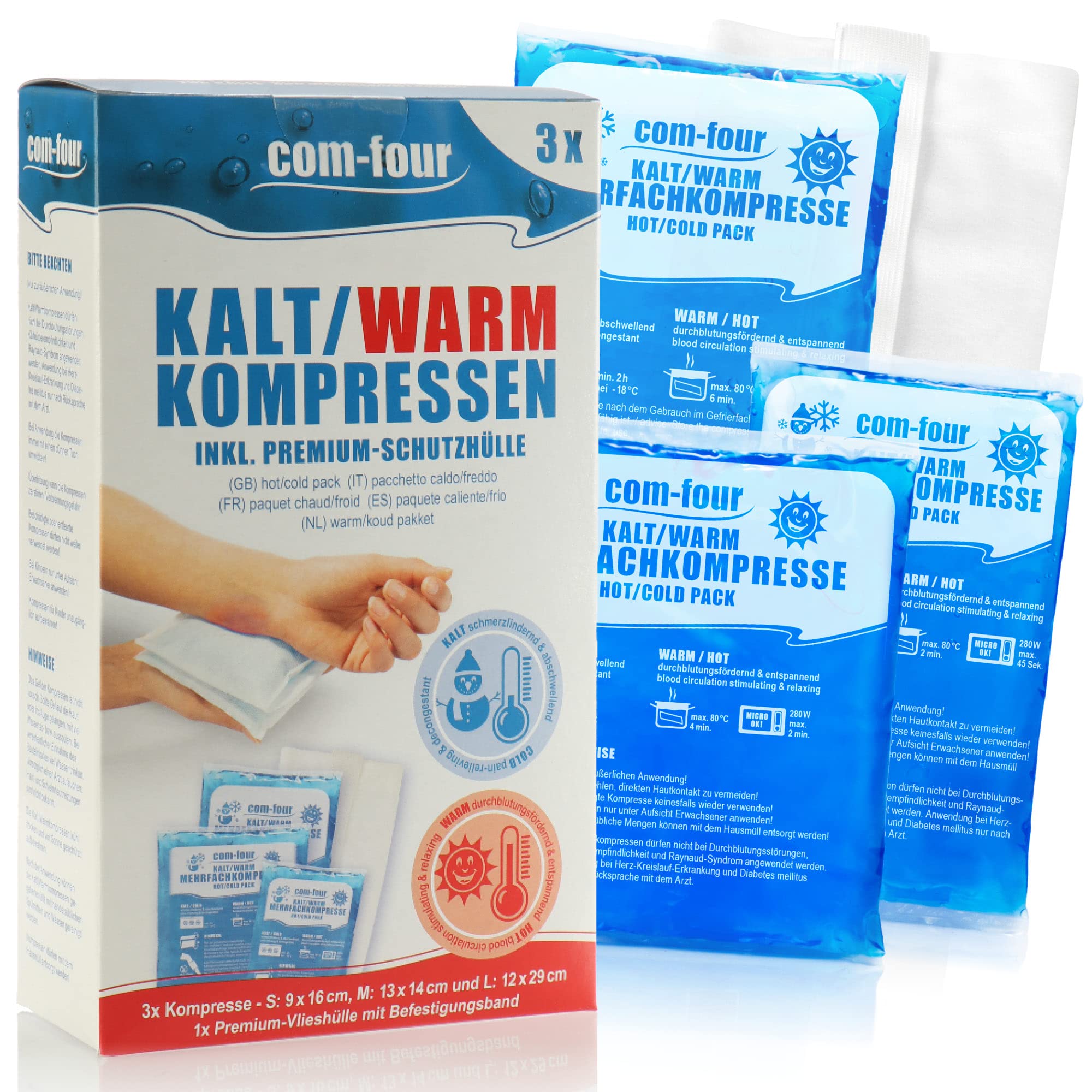 com-four® 3x Impacchi multiuso riutilizzabili in 3 dimensioni - Busta Gel Freddo/Caldo - Adatti per Microonde - Made in Germany (3 pezzi)