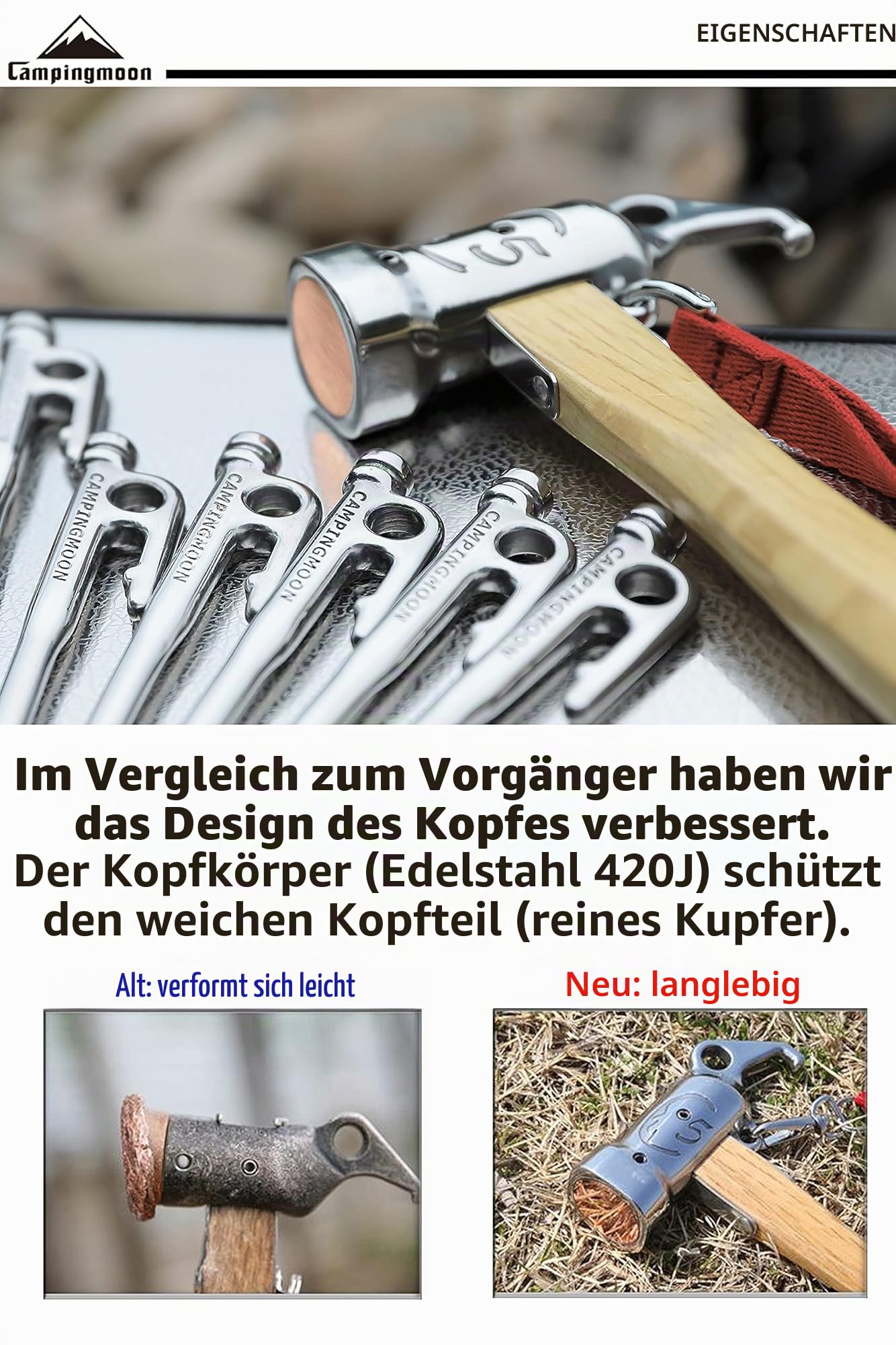 CAMPINGMOON Campinghammer aus Edelstahl mit integriertem Erdspieß aus reinem Kupfer C5