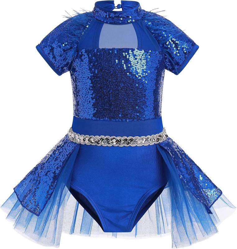 ODASDO Girls Shiny Sequins Ballet Dance Leotard Short Sleeve Feather Tutu Dress Hip Hop Latin Jazz Stage Performance Outfit
