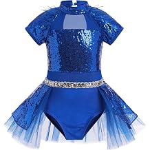 ODASDO Girls Shiny Sequins Ballet Dance Leotard Short Sleeve Feather Tutu Dress Hip Hop Latin Jazz Stage Performance Outfit