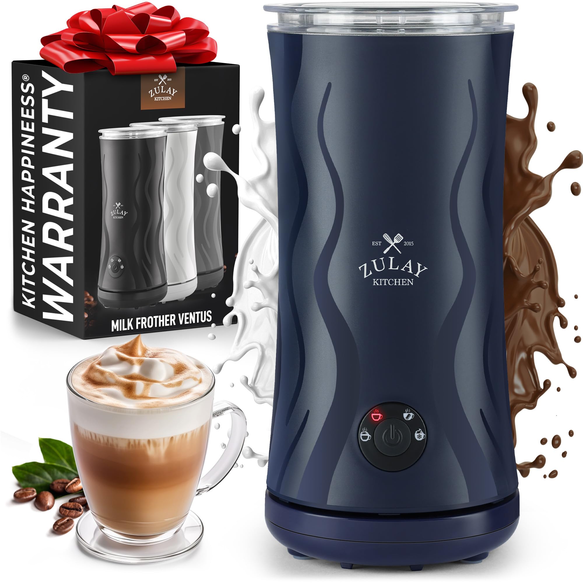 Zulay 4-in-1 Milk Frother and Steamer - Automatic Hot and Cold Foam Maker with Auto Shut Off &amp; Temperature Control for Coffee, Latte, Cappuccino, Hot Chocolate - Navy