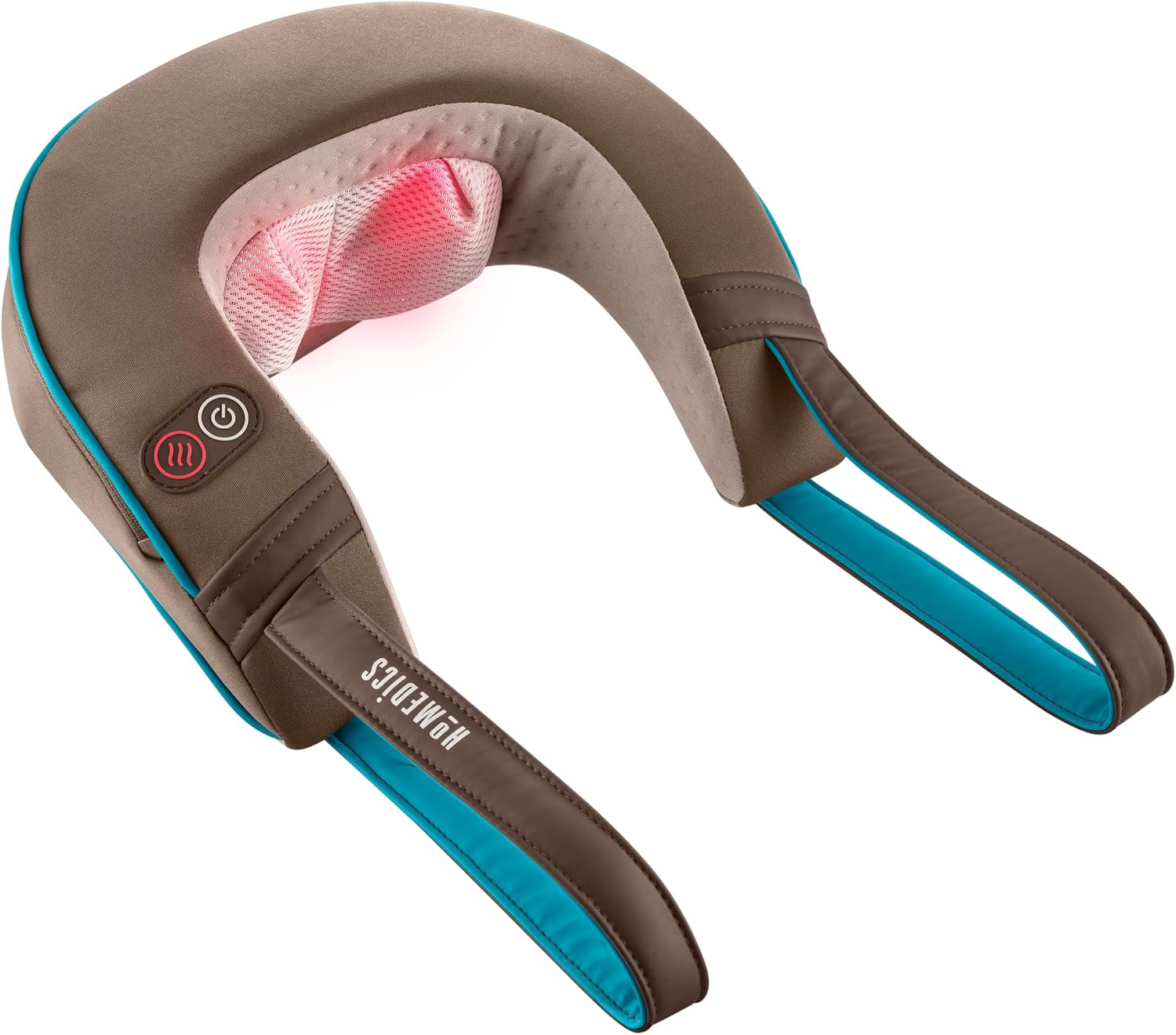 Homedics Shiatsu Neck Massager with Heat Integrated Onand Off Button, Deep-Kneading Massage, Comfort Flex Handles Control Intensity for Sore Muscles, Soft Foam, Easy to Use, Brown