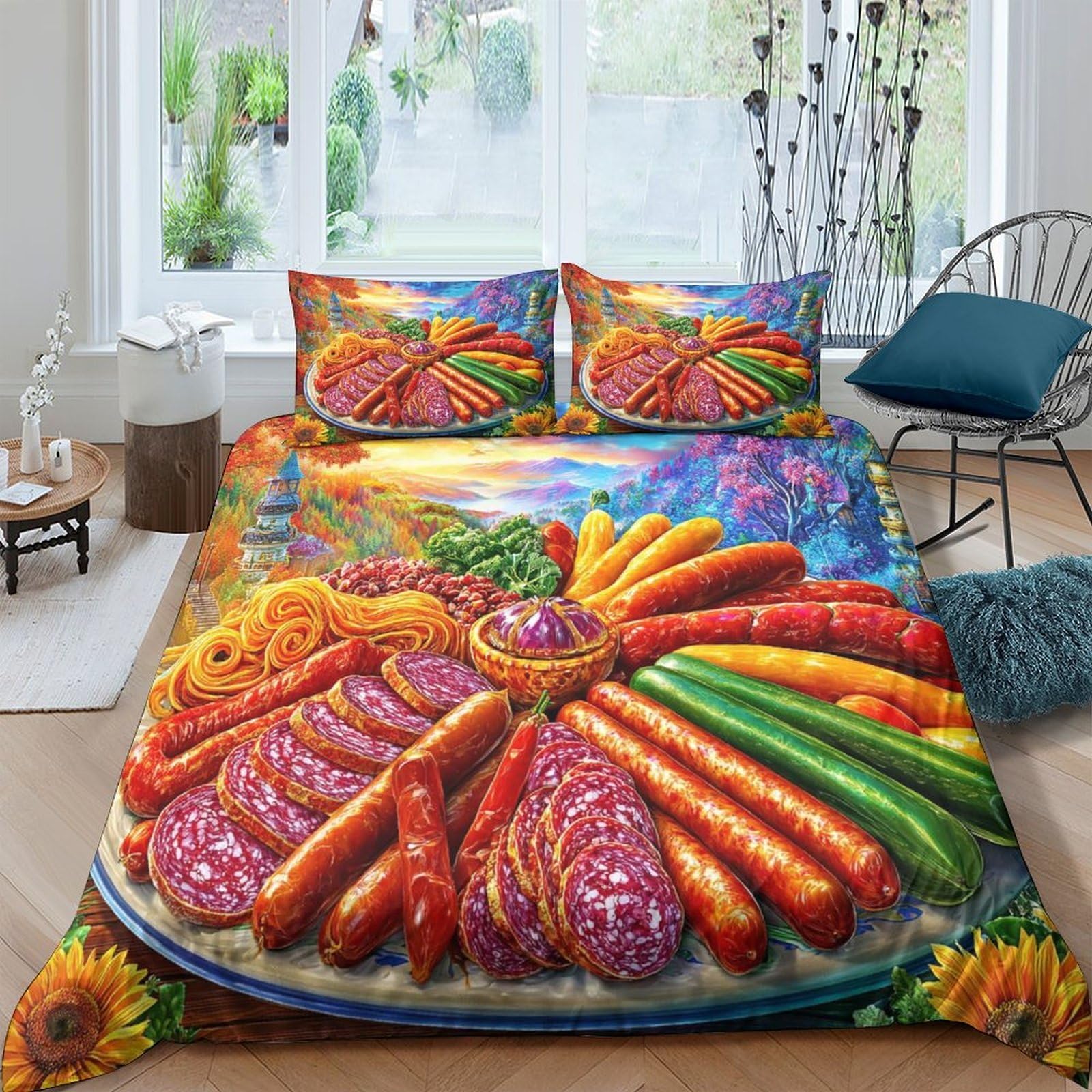 Housse de couette Saucisse 260x220 cm avec 2 taies d'oreiller en microfibre pour lit Super King