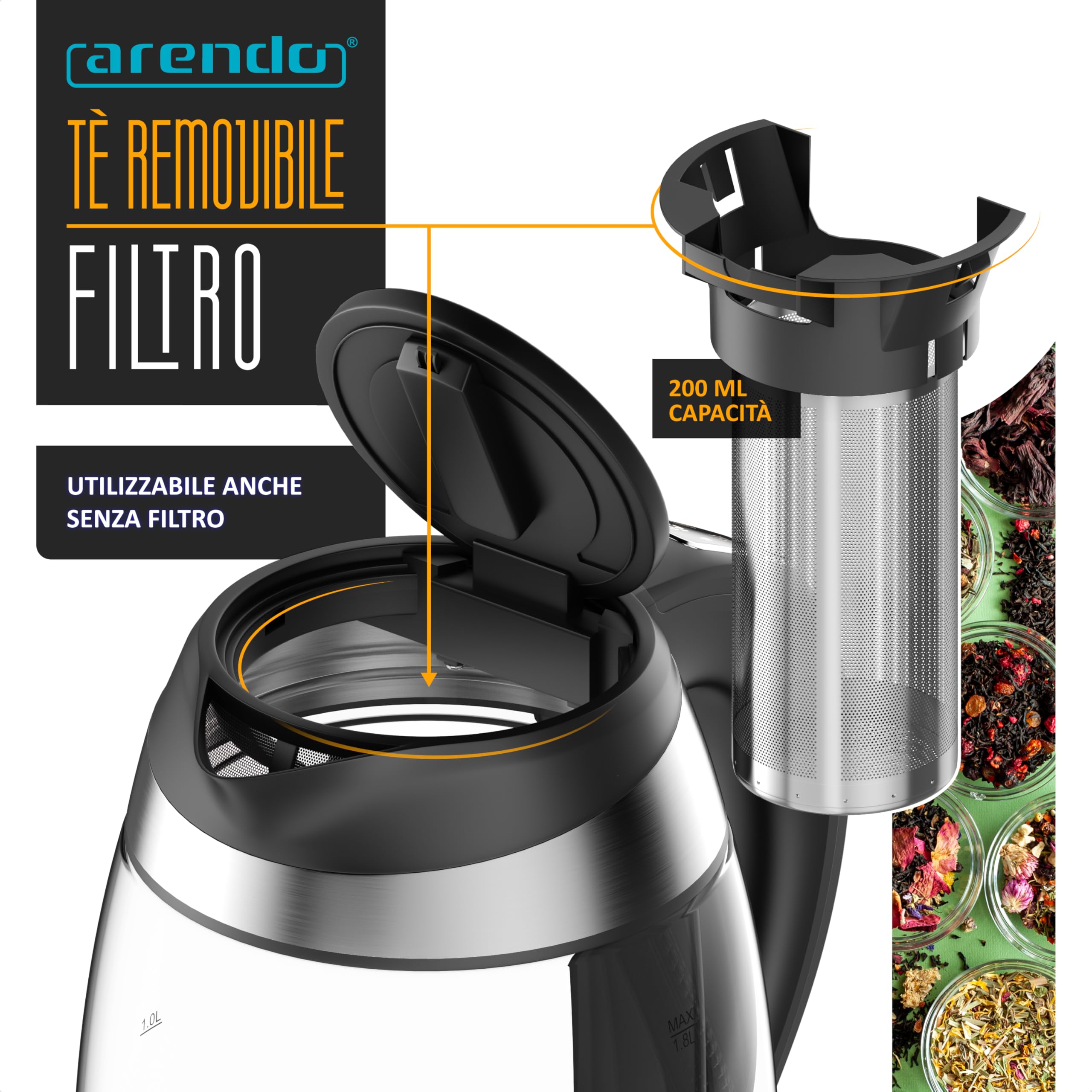 Arendo - Bollitore in vetro da 1,8 litri con filtro per il tè, 2200 Watt, In acciaio inossidabile, Intervallo di temperatura da 40 °C a 100 °C, Funzione di mantenimento in caldo, Illuminazione LED