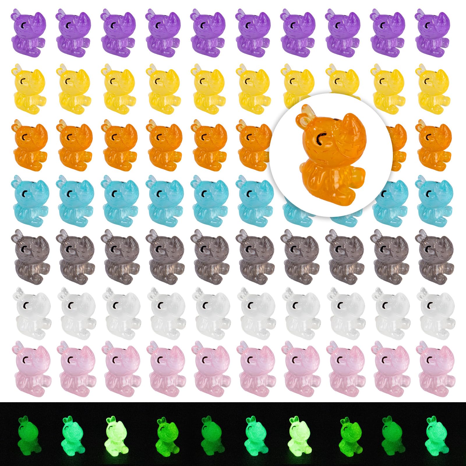 70 Pcs Luminous Mini Resin Rhino Tiny Cow Miniature Pig Figures Glow in The Dark for DIY Garden Dollhouse Wildlife Accessories Micro Landscape Aquarium Party Decor