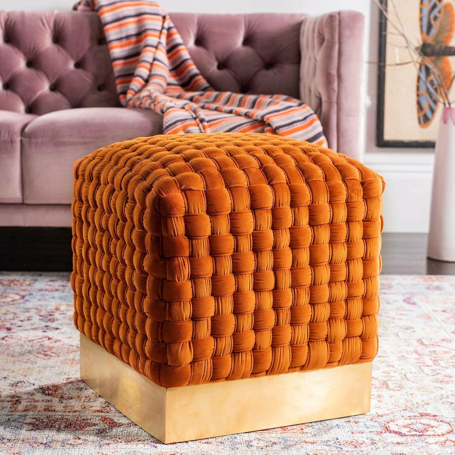 Woven Velvet Ottoman Gold Ottoman Living Room Furniture