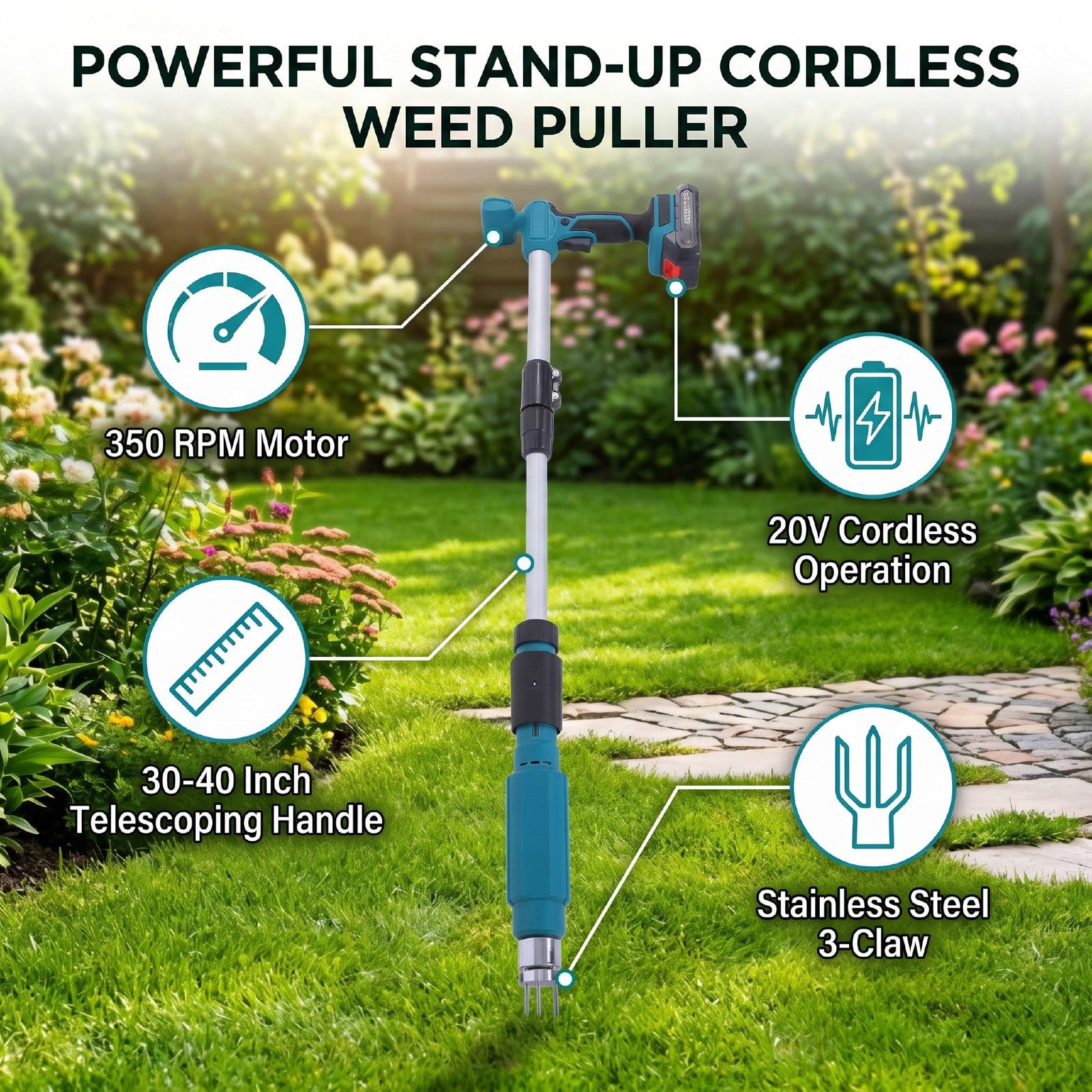 Fafeicy Elektrischer Stand-Up-Unkrautentferner, Kabelloser Unkrautstecher mit 20-V-, Verstellbarer Griff für die Unkrautentfernung Im Rasen und Garten (EU-Stecker) | Kabelloses Unkrautstecher-Werkzeug, verstellbarer Griff, elektrischer Stand-Up-Unkrautjät