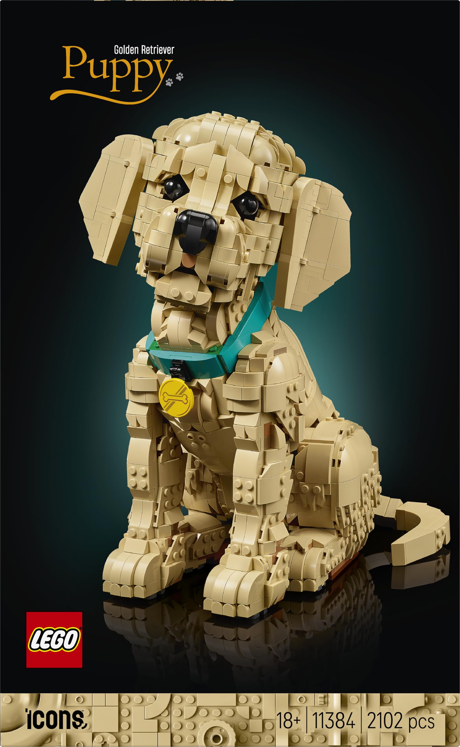 LEGO Icons Golden Retriever Welpe - Modellbau für Erwachsene - 3D Tierfigur zum Ausstellen mit Halsband & Medaille - DIY Deko für Regal oder Schreibtisch - Geschenkidee für Kunst- & Bastelfans - 11384