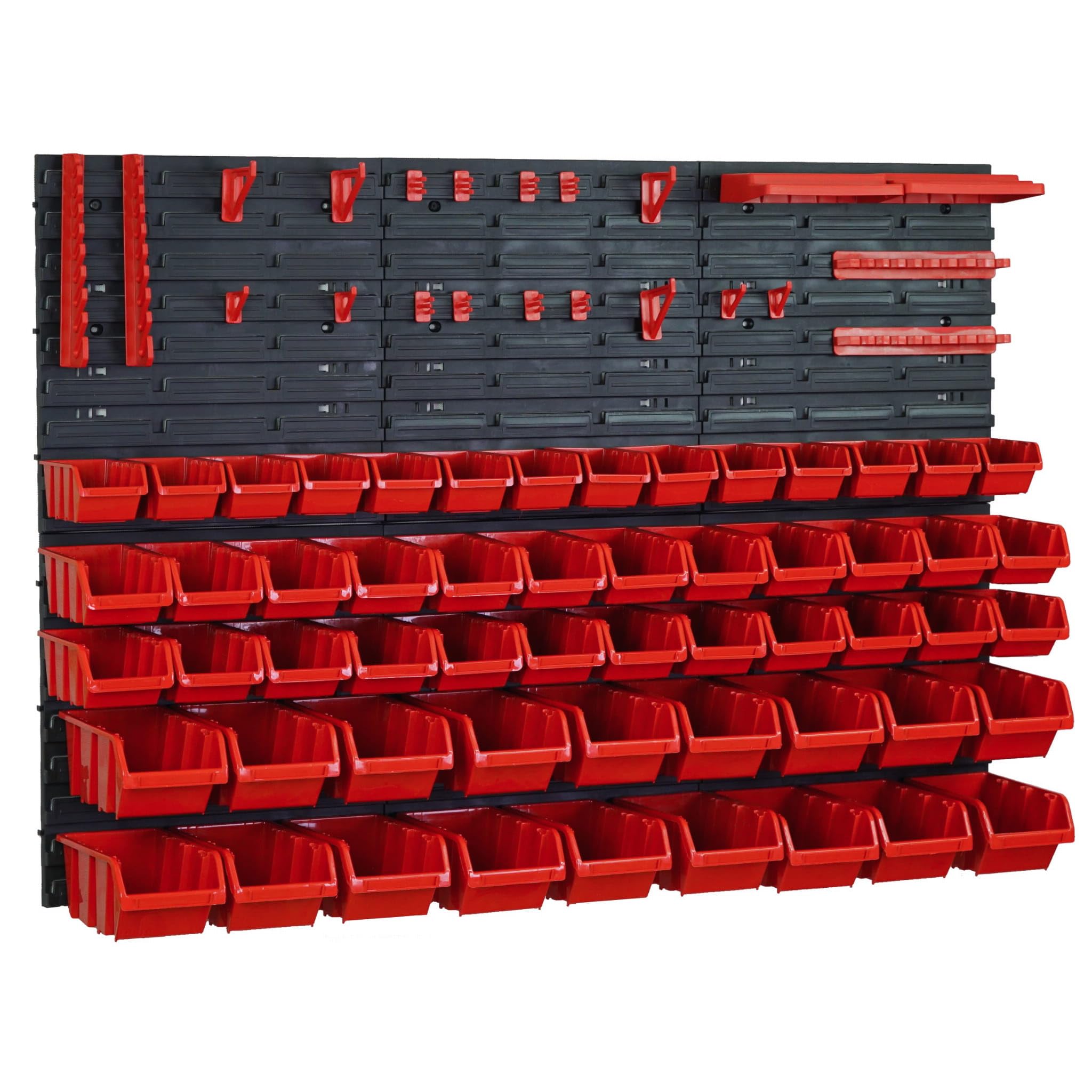 Juego de 84 cajas apilables y 6 estantes de pared de 39 x 38 cm y portaherramientas | Pared perforada para un almacenamiento flexible | Portaherramientas para taller, garaje y hogar | orden fácil