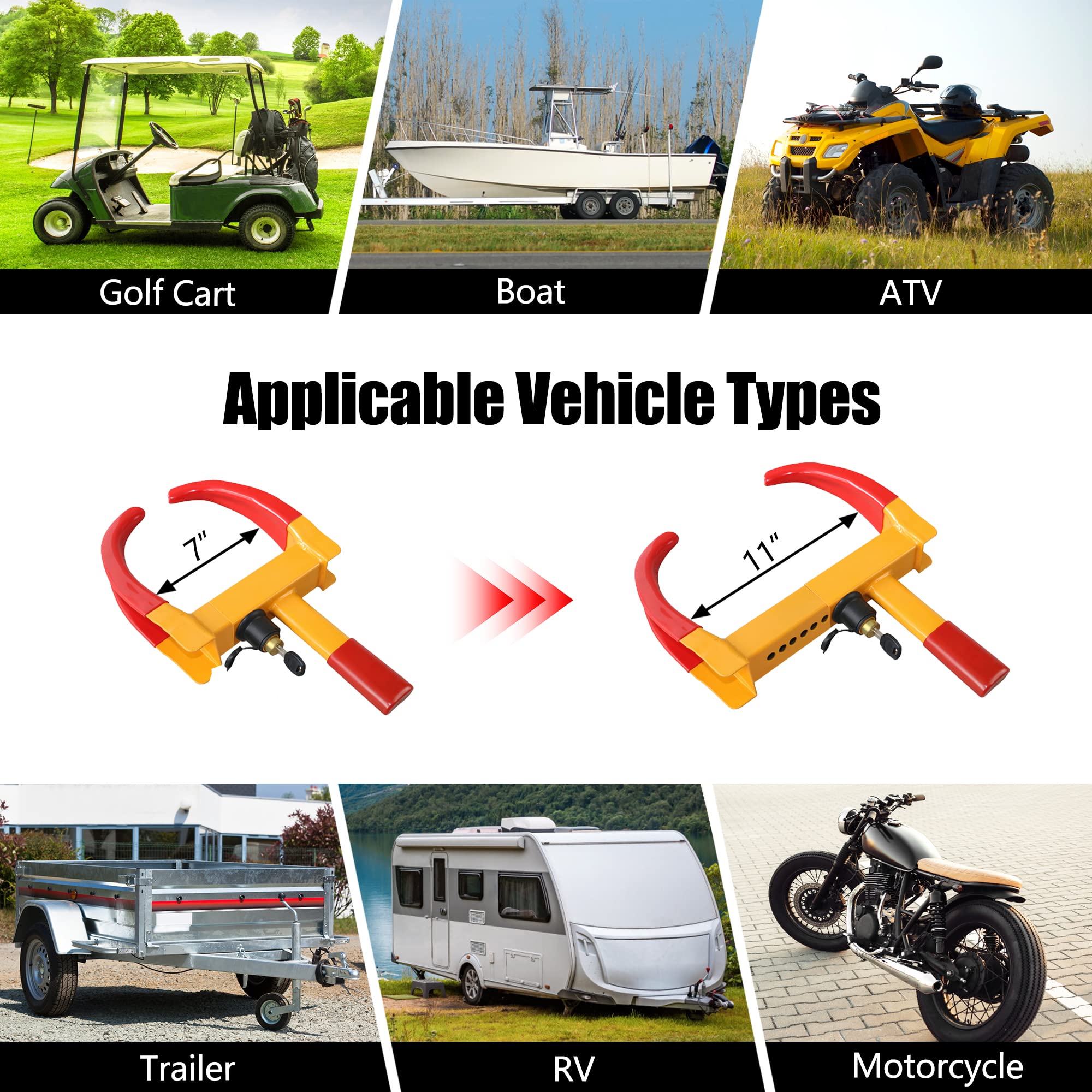 KAYCENTOP Wheel Clamp Lock Universal Security Tire Lock Anti Theft Locking Devices Adjustable Length Fit Most Vehicles for Trailers SUV Boats Atvs Motorcycles Golf Cart Yellow and Red