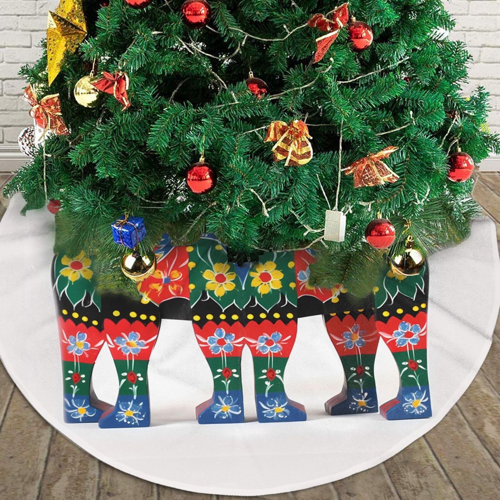 Runner Swedish Dala Horse Folk Christmas Tree Skirt 48" Plush Soft Artificial Tree Mat Cover Merry Christmas Xmas Tree Skirt for Christmas Decoration Holiday Indoor Outdoor Winter Party Decor