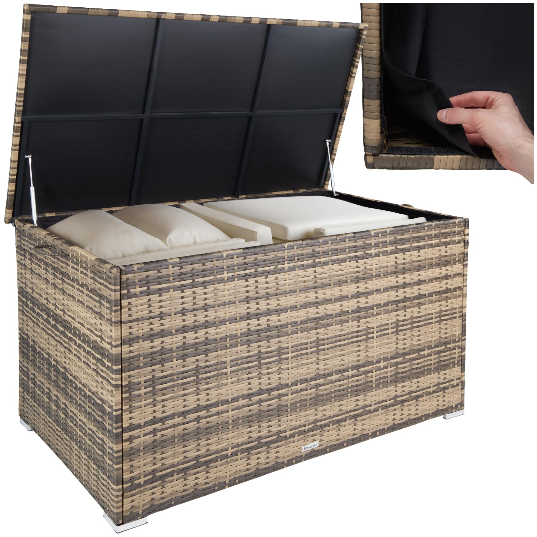 tectake® Coffre de jardin Exterieur, Coffre à Coussins 750 L en Aluminium Polyrotin 145 x 82,5 x 79,5 cm, Couvercle Rabattable, Poignées pour Rangement des Outils de Jardin, Jouets - 1