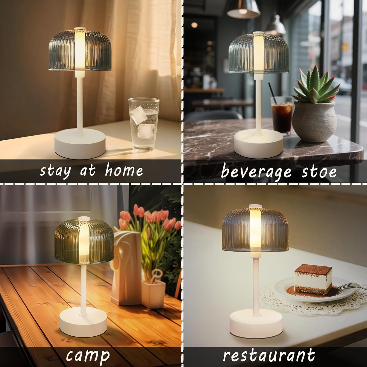 Cordless Table Lamp, Rechargeable Touch Dimmable LED with Smoke Gray Glass Shade, Type-C Fast Charging for Camping Home Cafe Outdoor
