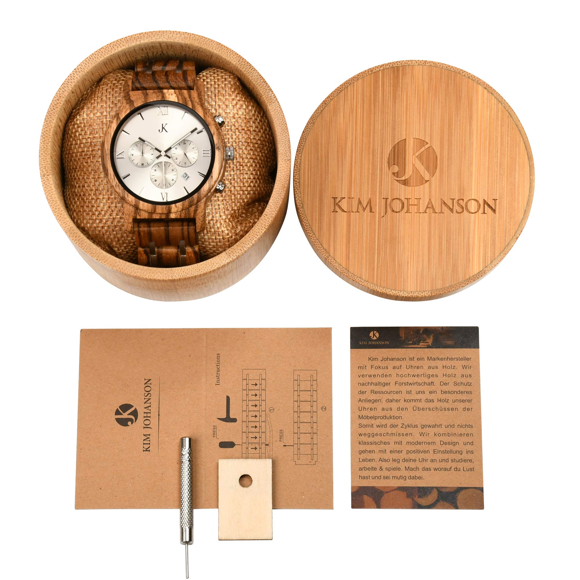 Kim Johanson Herren Holz-Edelstahl Armbanduhr *Air Force* in Hellbraun & Dunkelbraun Chronograph mit Einem Gliederarmband Handgefertigt Quarz Analog Uhr inkl. Geschenkbox