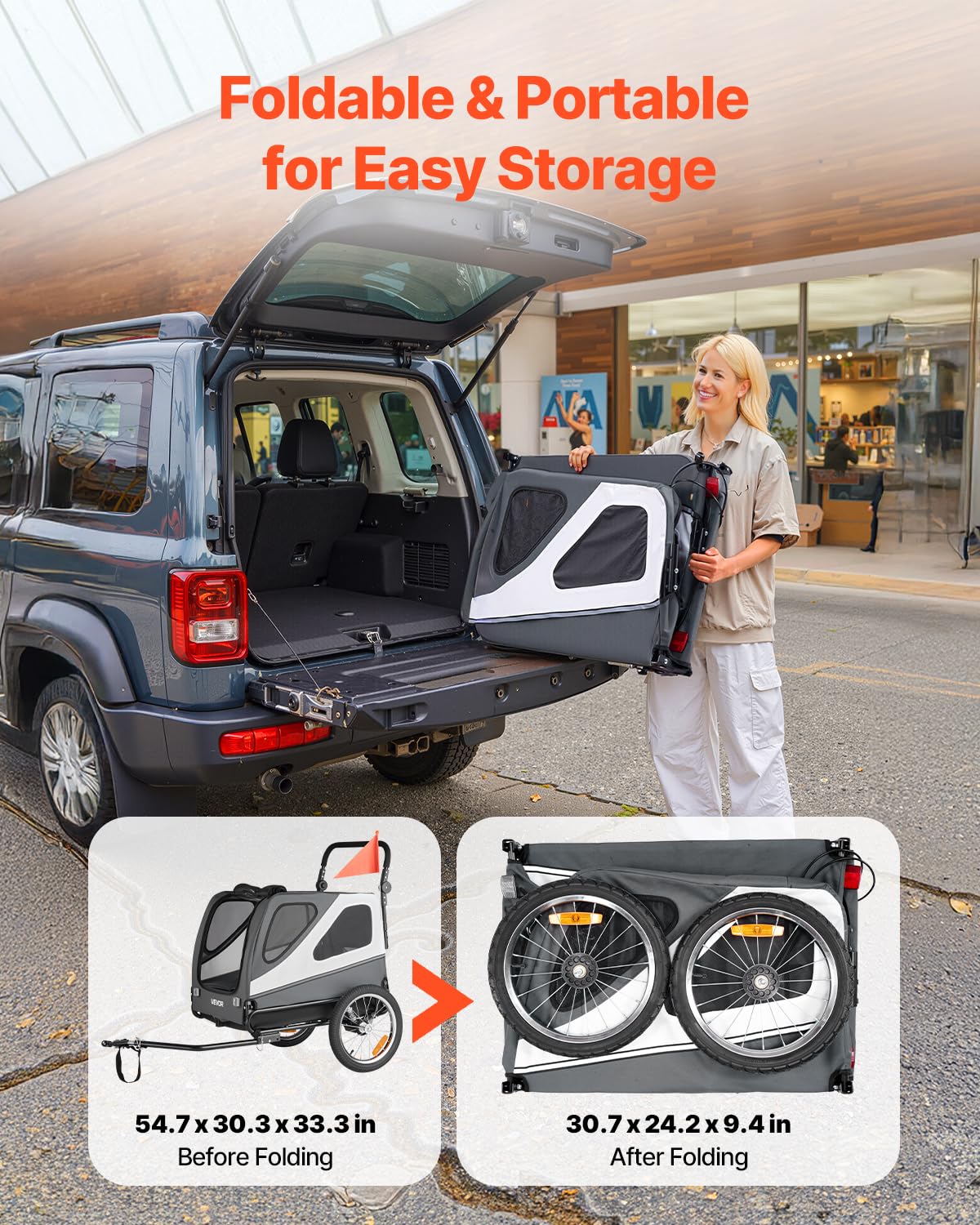 VEVOR Remorque de Vélo Chien Pliable ChargePoussette Animaux de CompagnieFacile à Plier avec Roues à Dégagement Rapide, Coupleur de Vélo Universel, Réflecteurs, Drapeau,