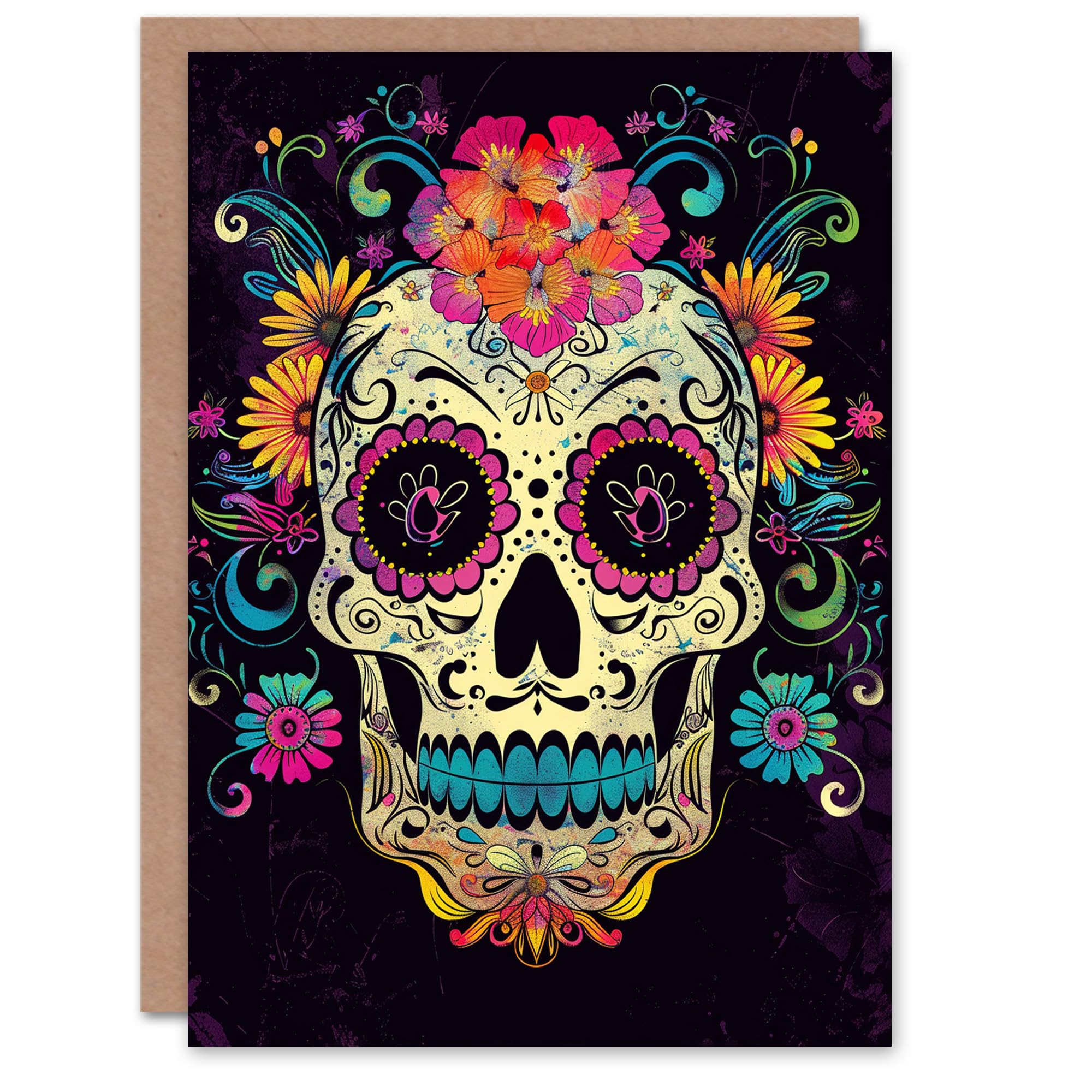 Artery8 Sugar Skull Day Of The Dead Colourful Design Blank For Him Or Her Art Birthday Card