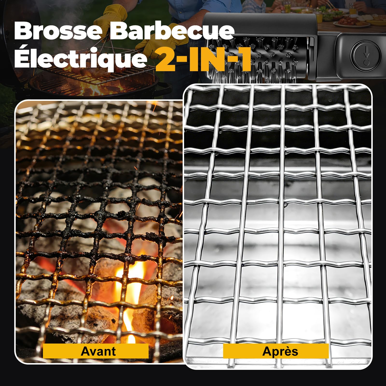 Brosse Barbecue Électrique 2-en-1, Brosse ÉLectrique avec 3 Niveaux de Nettoyage/Rotation à 360° / 400 TR/Min, Rechargeable avec Têtes De Brosse Interchangeables pour Tous Les Barbecues