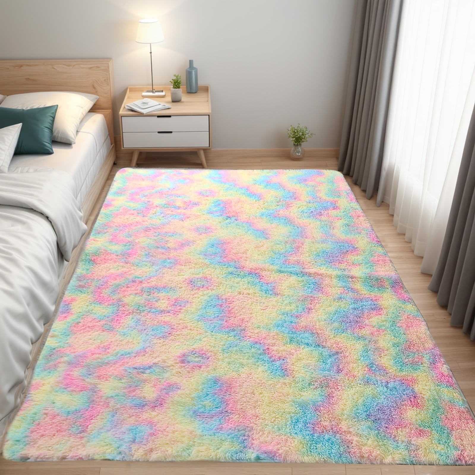 QUINZI Alfombras Suaves de Pelo Largo, Modernas, mullidas, Suaves, para Dormitorio, salón, habitación de los niños, alfombras peludas Antideslizantes de Pelo sintético (Iridiscente, 60 x 90 cm)