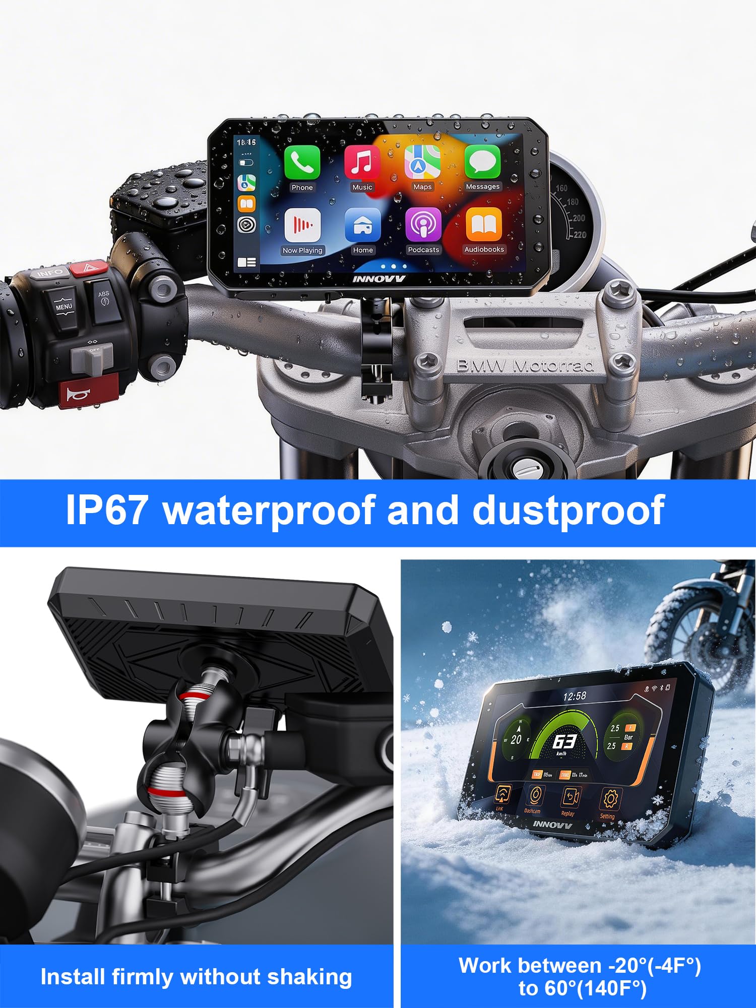 INNOVV N2 - Dash Cam per moto Carplay, touch screen da 6 pollici, supporta Android Auto e iOS, fotocamera anteriore e posteriore 2K 2K con navigazione GPS, modalità parcheggio, musica, Wi-Fi 5.8G